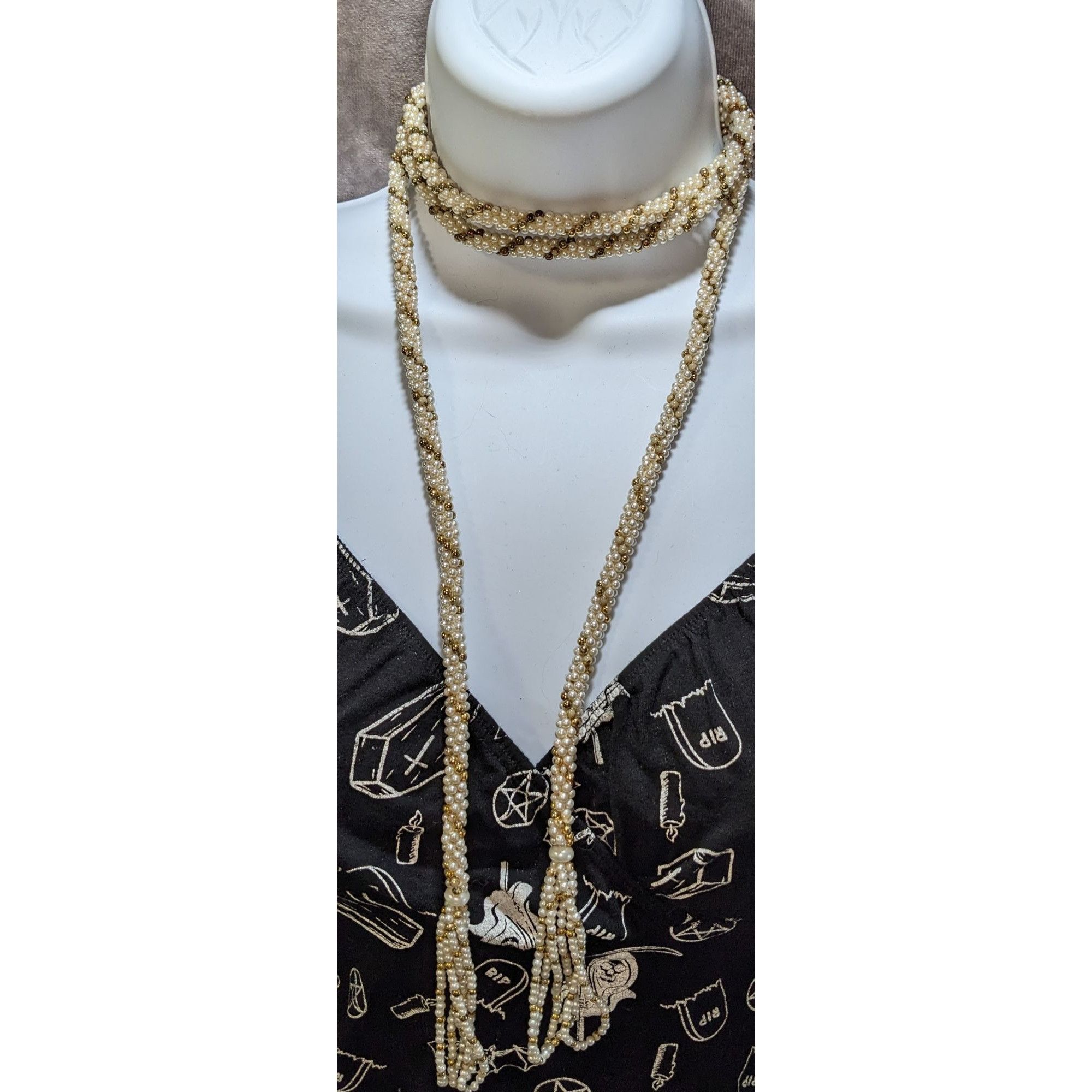 Other Elegant Vintage Gold Tone & Cream Faux Pearl Wrap Necklace W Size ONE SIZE - 5 Thumbnail