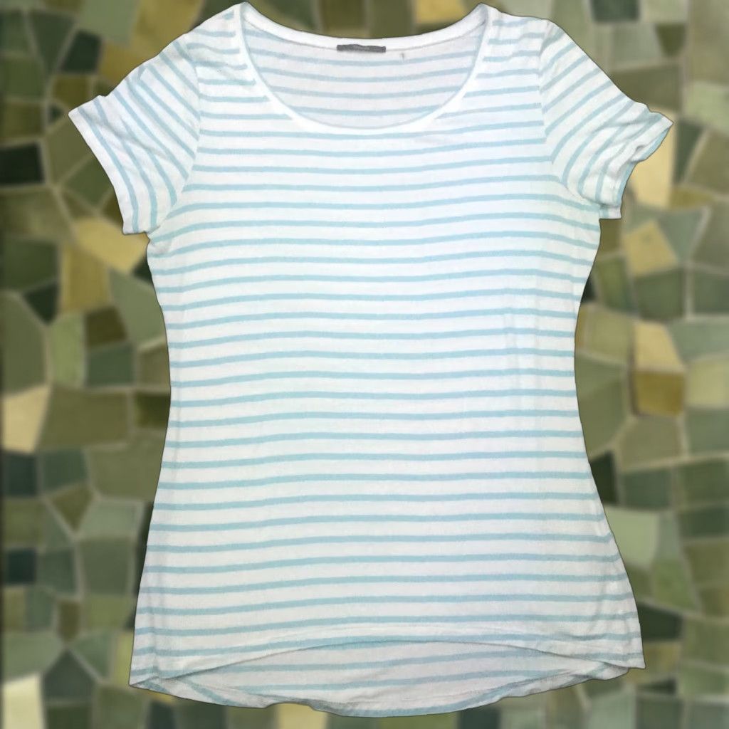 Vintage Tahari Womens Shirt Blouse Striped White Blue Short Sleeve Round Neck Stretch Knit Modal Spandex Basic Casual Travel Size L Womens Size L / US 10 / IT 46 - 1 Thumbnail