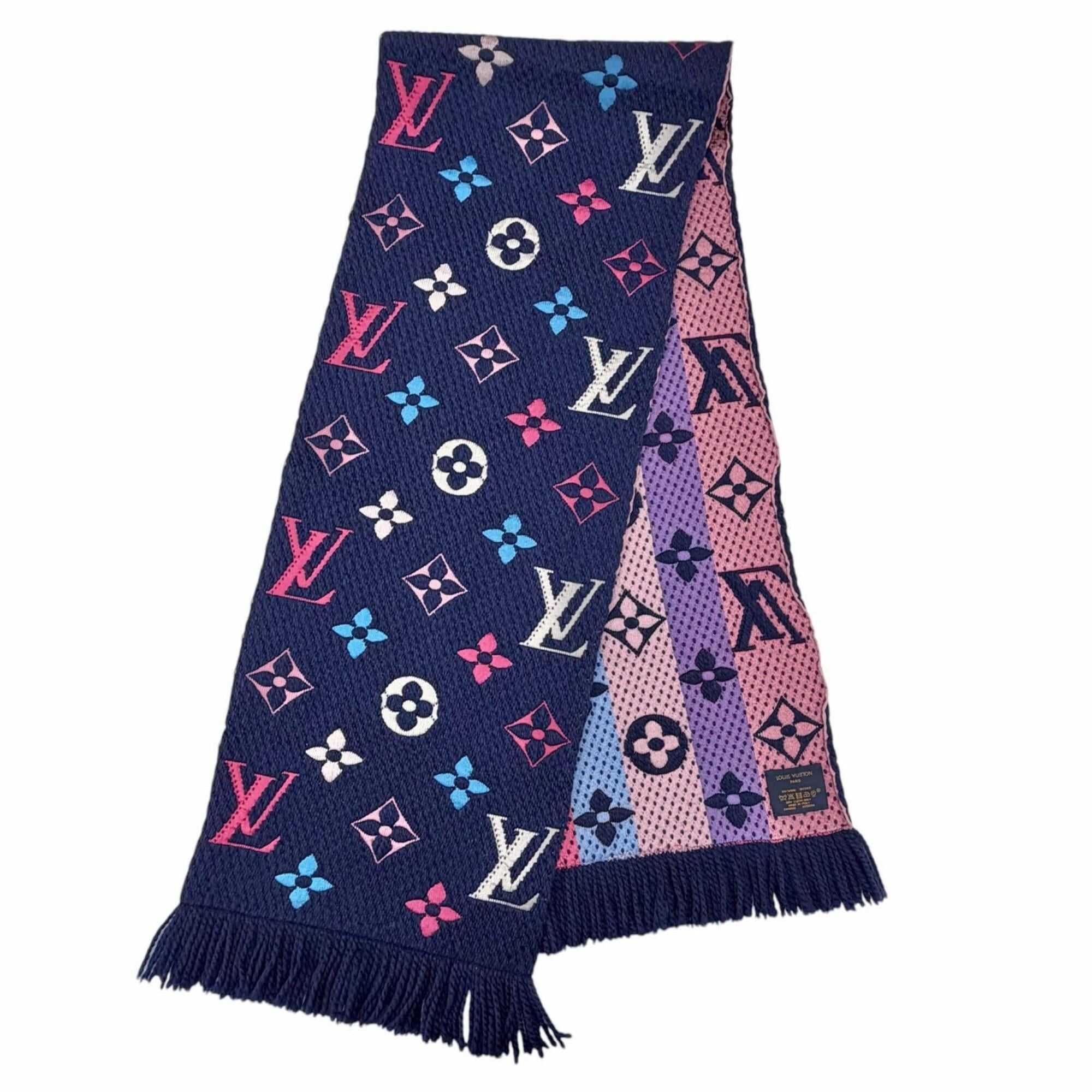 Louis Vuitton LOUIS VUITTON M70899 Echarpe Logomania Wool Silk Fringe Scarf, Navy Multi, Made in Italy, Women's Size ONE SIZE - 1 Thumbnail