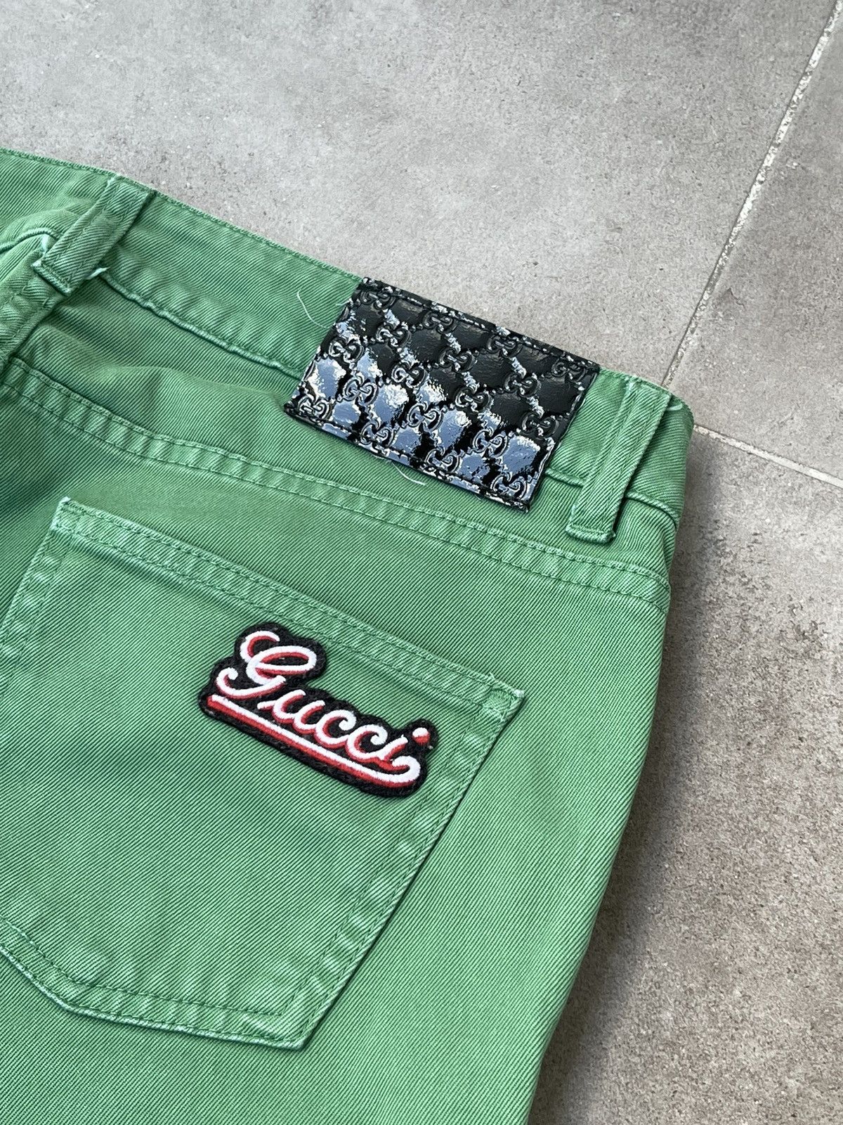 Image of Ss07 Gucci Back Logo Green Denim Pants, Men's (Size 30)