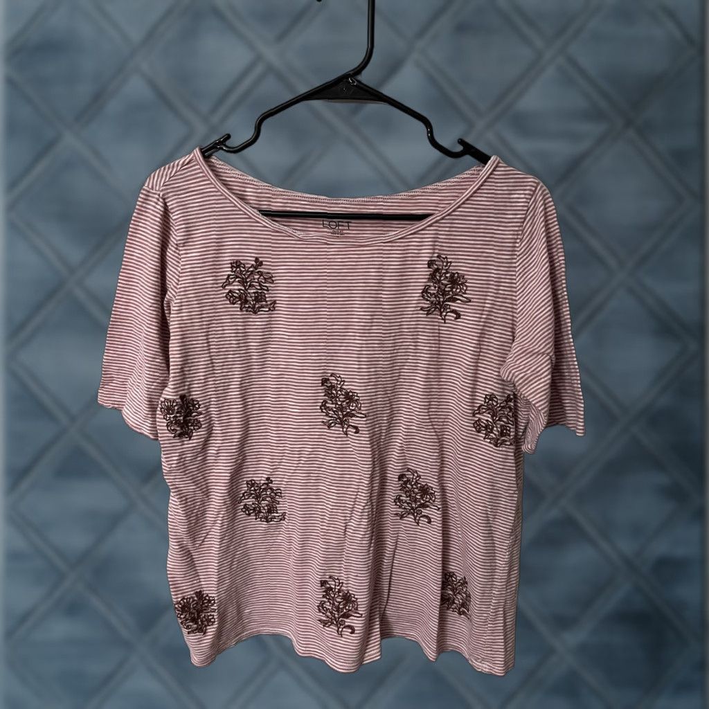 Loft Loft Women's Medium Pink White Floral Striped Short Sleeve T-Shirt Casual Classic Size M / US 6-8 / IT 42-44 - 1 Thumbnail