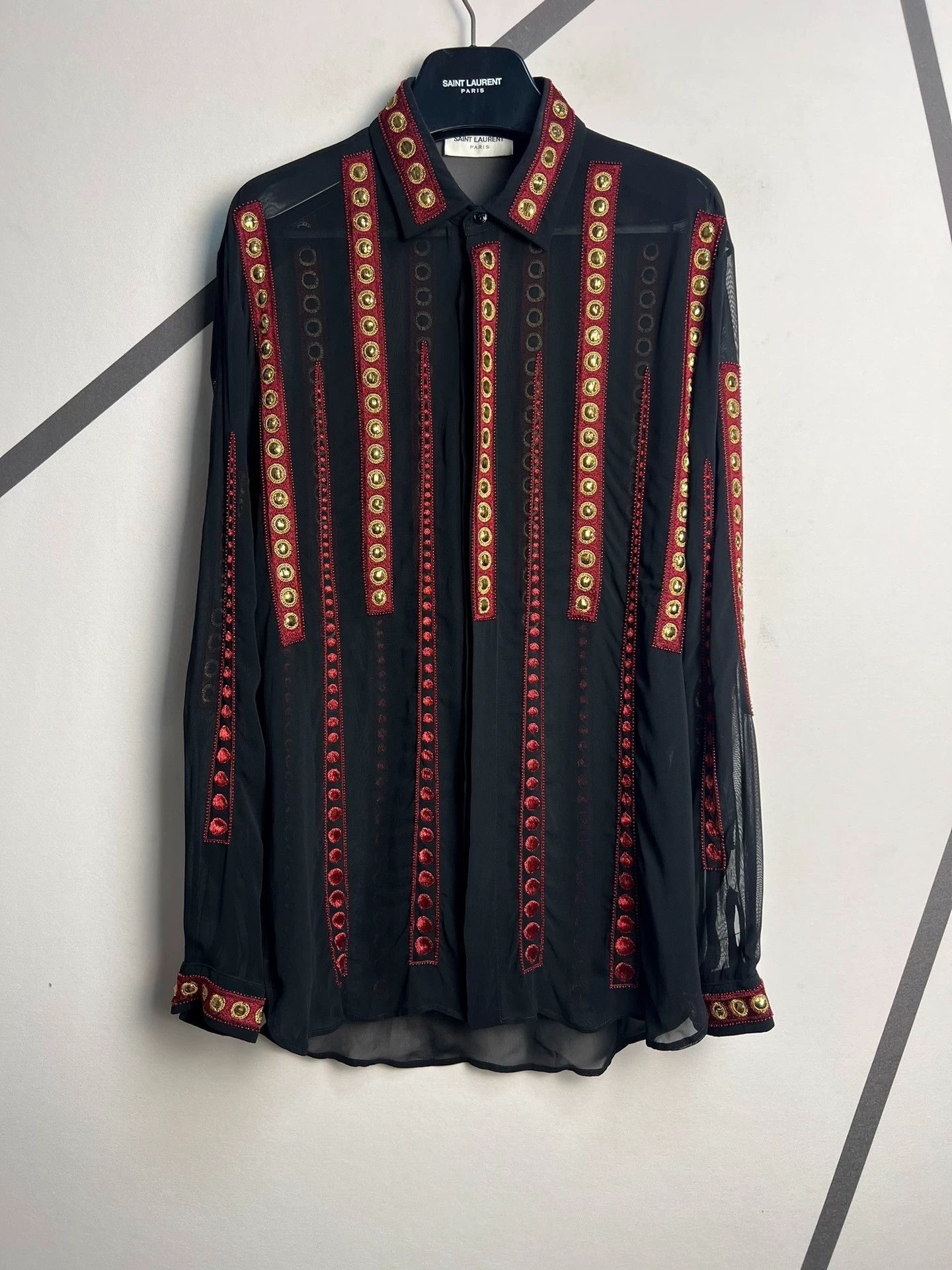 Saint Laurent Paris red bead embroidery, black jukebox, semi-sheer shirt Size US M / EU 48-50 / 2 - 1 Thumbnail