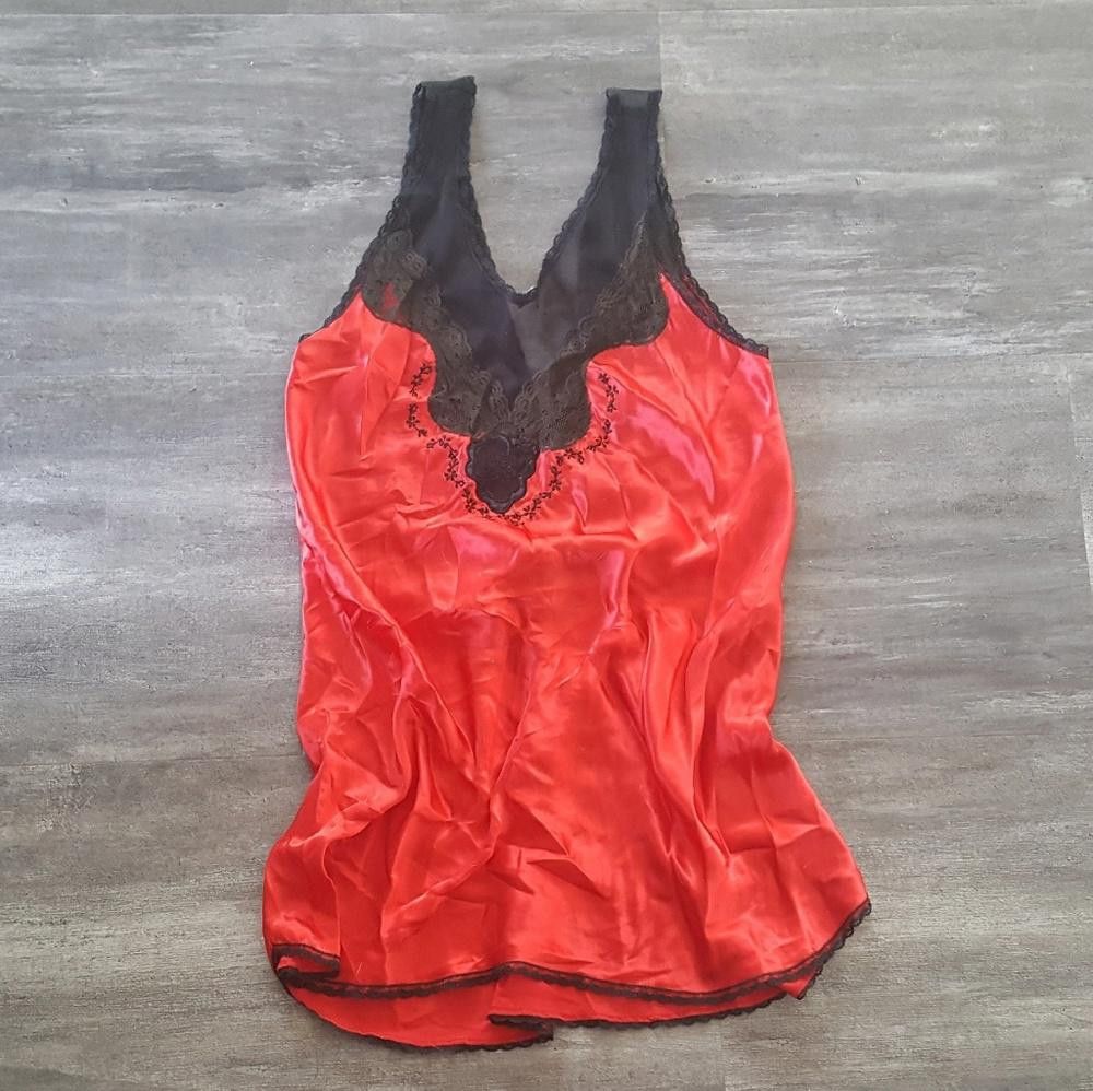 Designer Red Black Bow Detailed Silk Chemise Size ONE SIZE - 1 Thumbnail