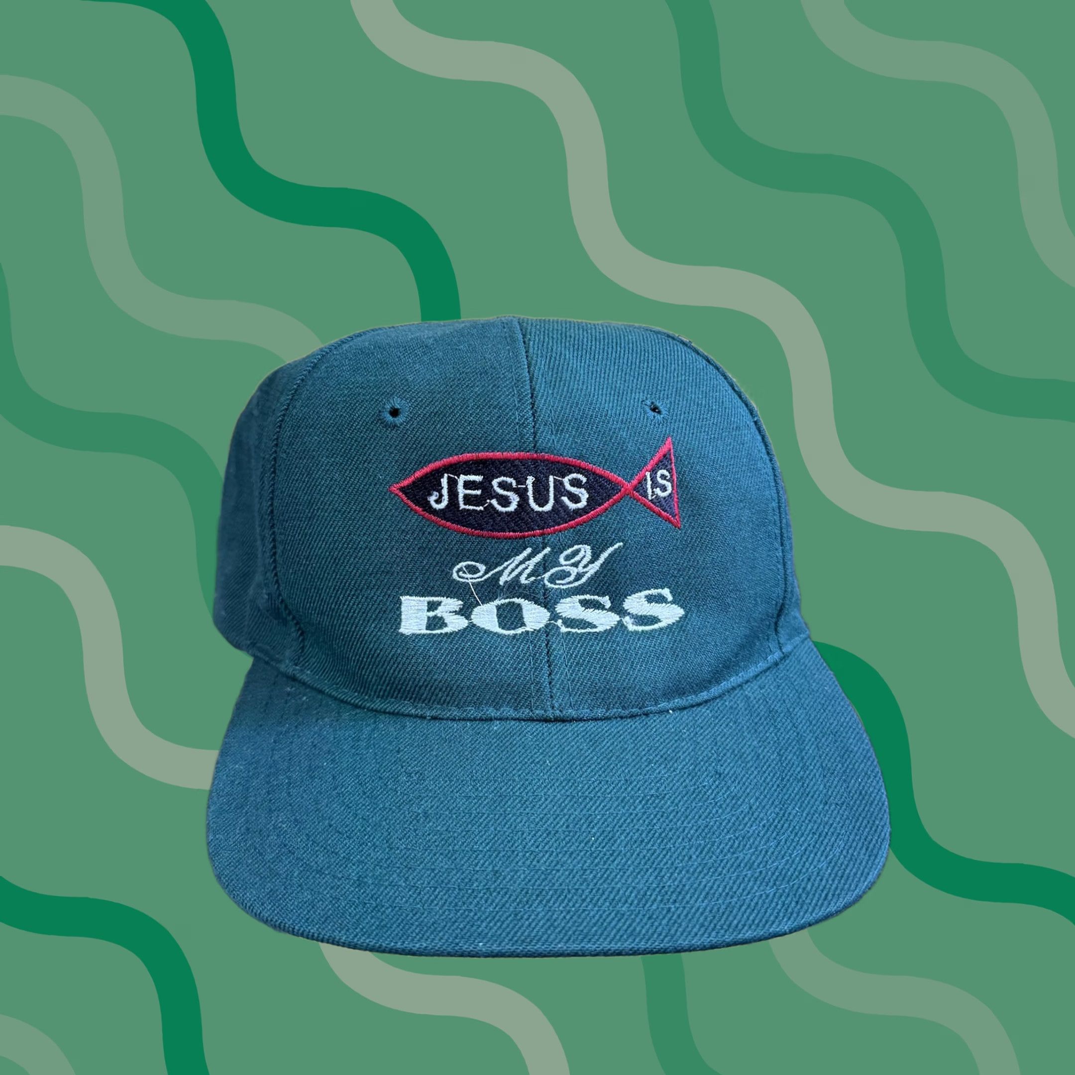 Vintage VINTAGE Jesus Is My Boss Hat Cap Snap Back Green Embroidered Wool Christian Mens Faith Size ONE SIZE - 1 Thumbnail
