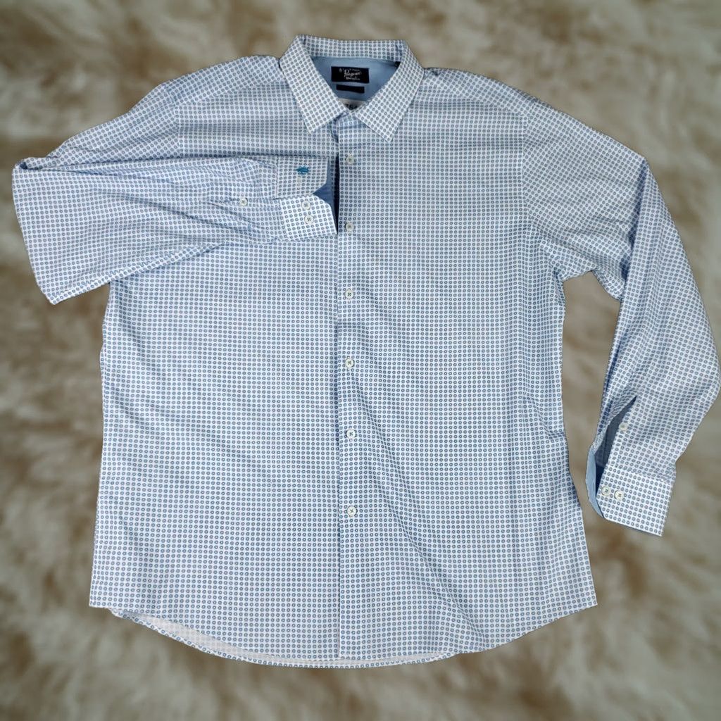 Vintage Penguin Shirt Mens 17 Blue White Geometric Dress Button Up Long Sleeve Size 46R - 1 Thumbnail
