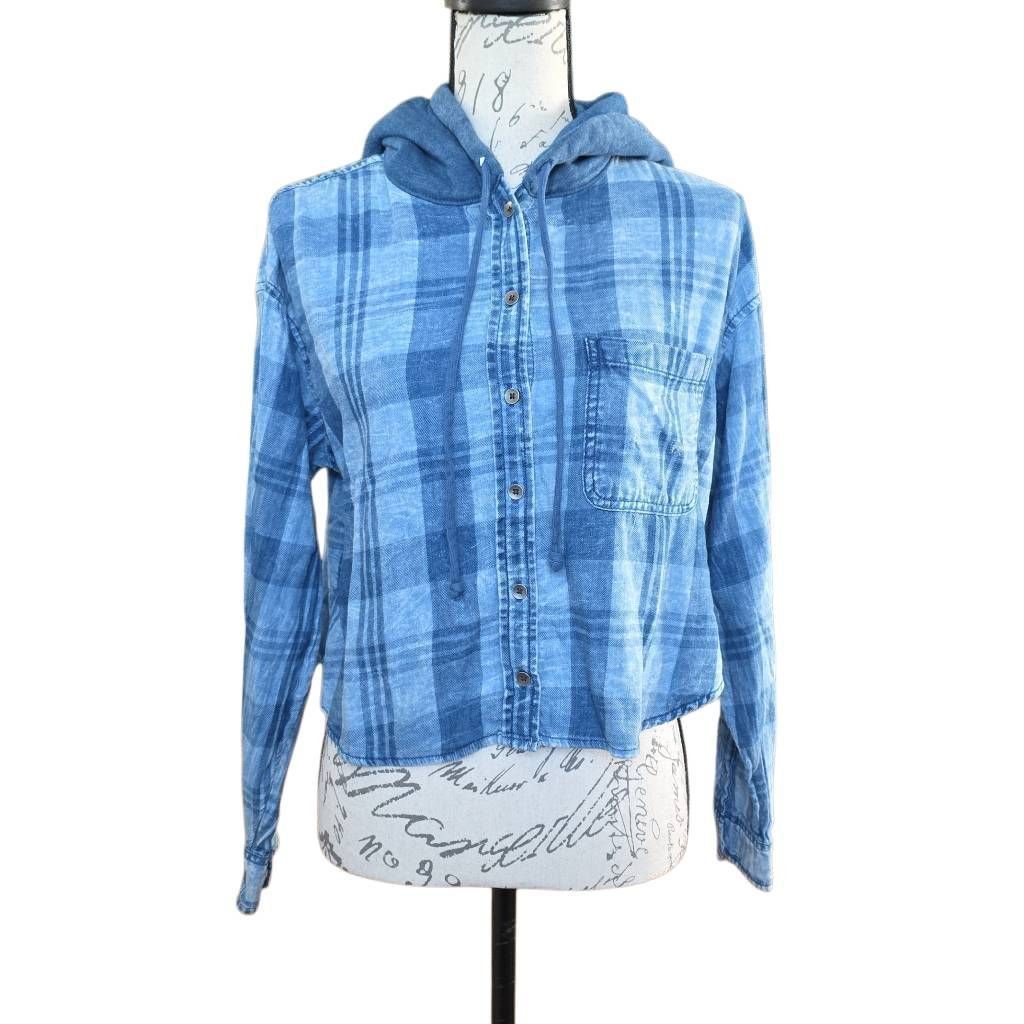 American Eagle Outfitters American Eagle Women's Size Medium Blue Plaid Cropped Hoodie Size M / US 6-8 / IT 42-44 - 1 Thumbnail