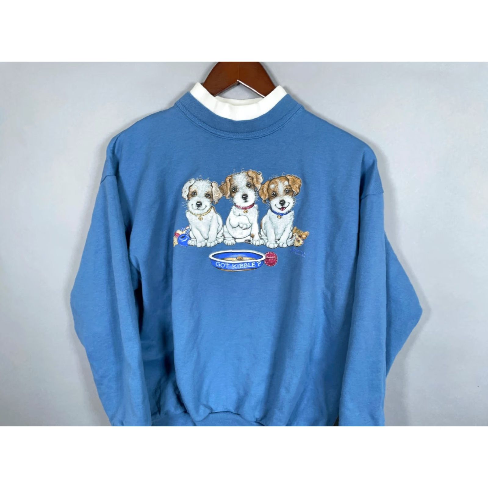 Vintage VINTAGE Morning Sun Sweatshirt Cat Dog Graphic Got Kibbles? Blue Light Mock Neck Pullover Raglan Sleeve Petite Medium Women's Size M / US 6-8 / IT 42-44 - 3 Thumbnail