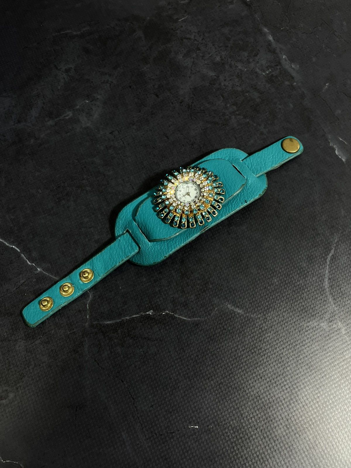 Jewelry Turquoise Crystal Sunburst Cuff Watch Bracelet Size ONE SIZE - 1 Thumbnail