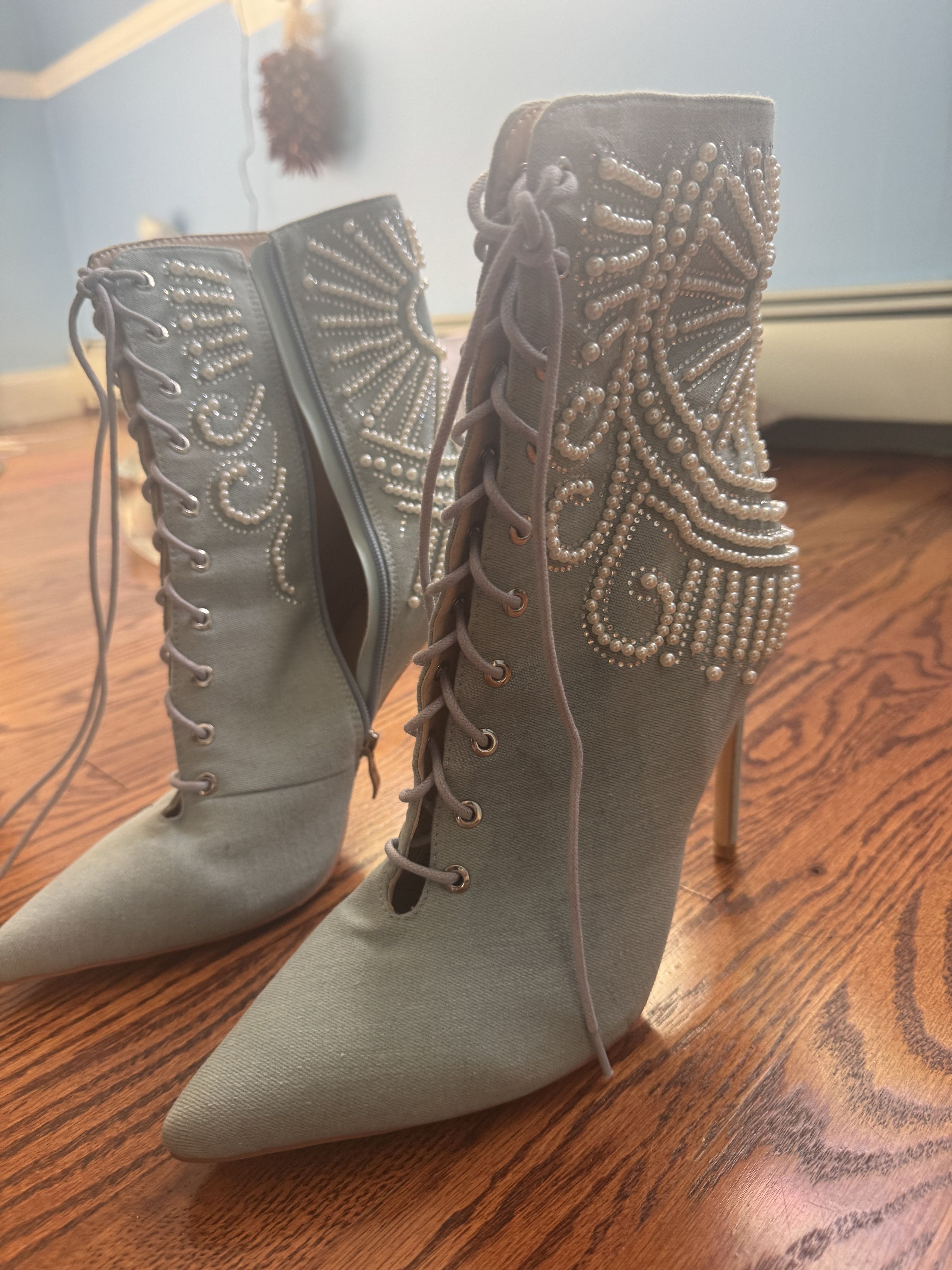 Azalea Wang Azalea Wang Denim + Pearl Stiletto Booties Size US 11 / IT 41 - 3 Thumbnail
