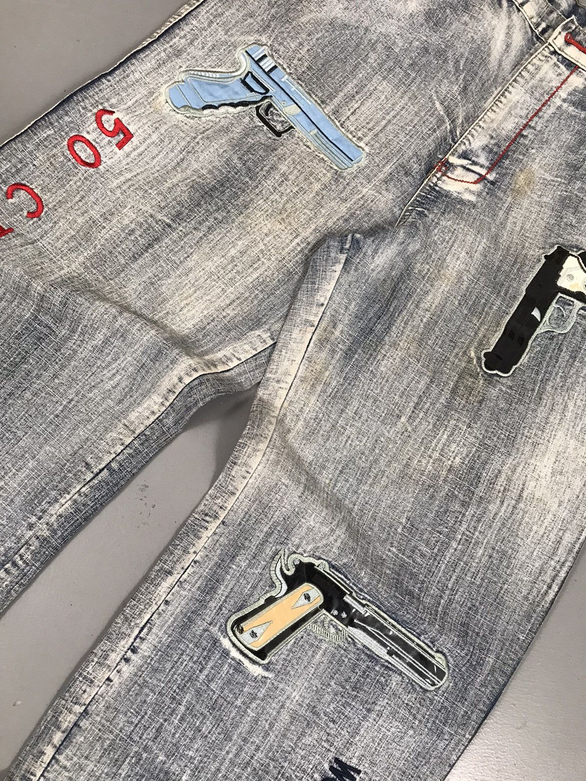 Vintage Vintage Y2K 50 cent Guns crazy embroidered baggy fit denim Size US 35 - 6 Thumbnail