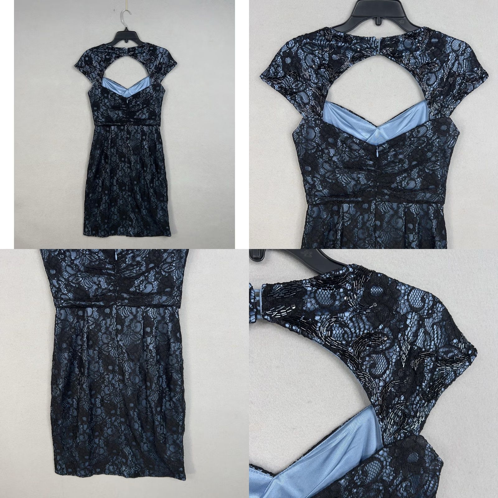 Vintage Patra Dress Womens 6 Black Lace Beaded Blue Satin Cocktail Party Cap Sleeve Size M / US 6-8 / IT 42-44 - 8 Thumbnail