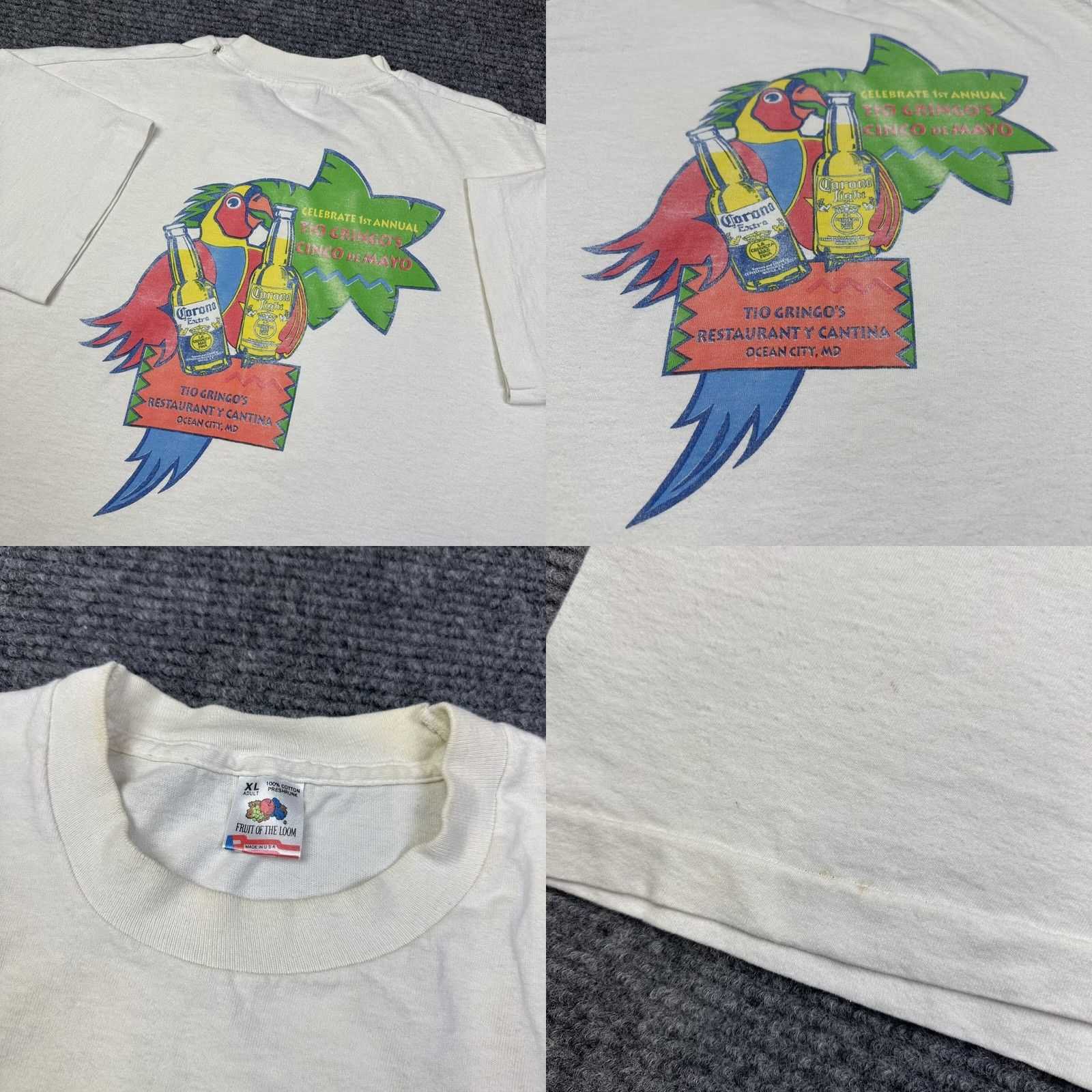 Fruit Of The Loom VINTAGE 90s Adult XL Cinco De Mayo Parrot Corona Beer Single Stitch T-Shirt Size US XL / EU 56 / 4 - 8 Thumbnail