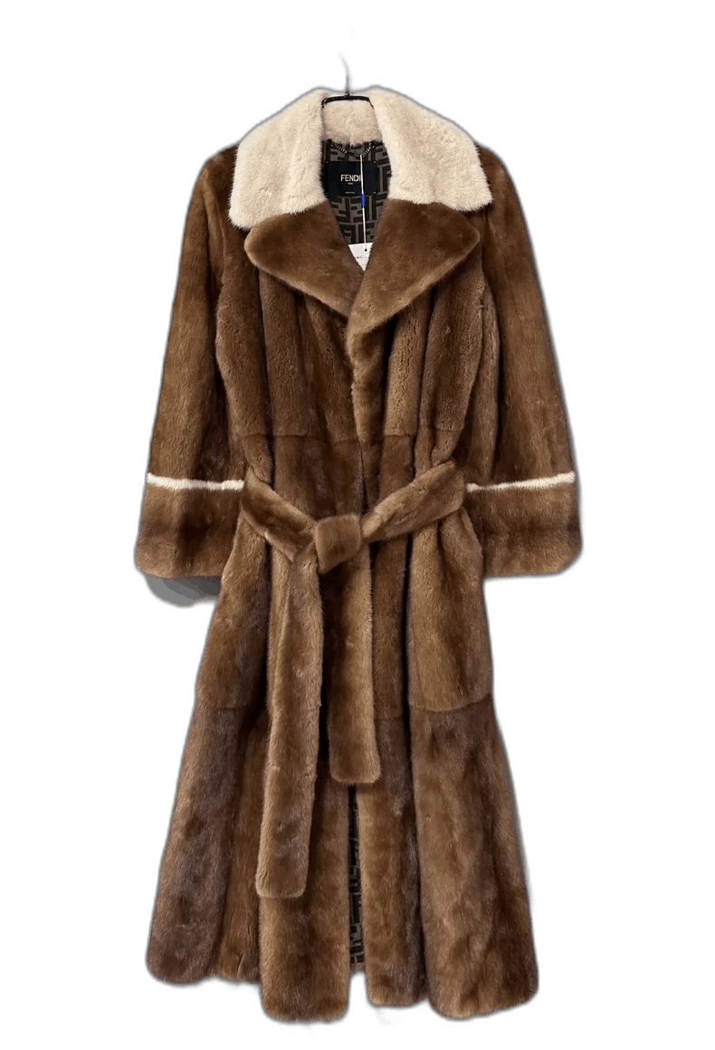 Fendi Long Brown Fur Coat with White Trim Size US L / EU 52-54 / 3 - 1 Thumbnail