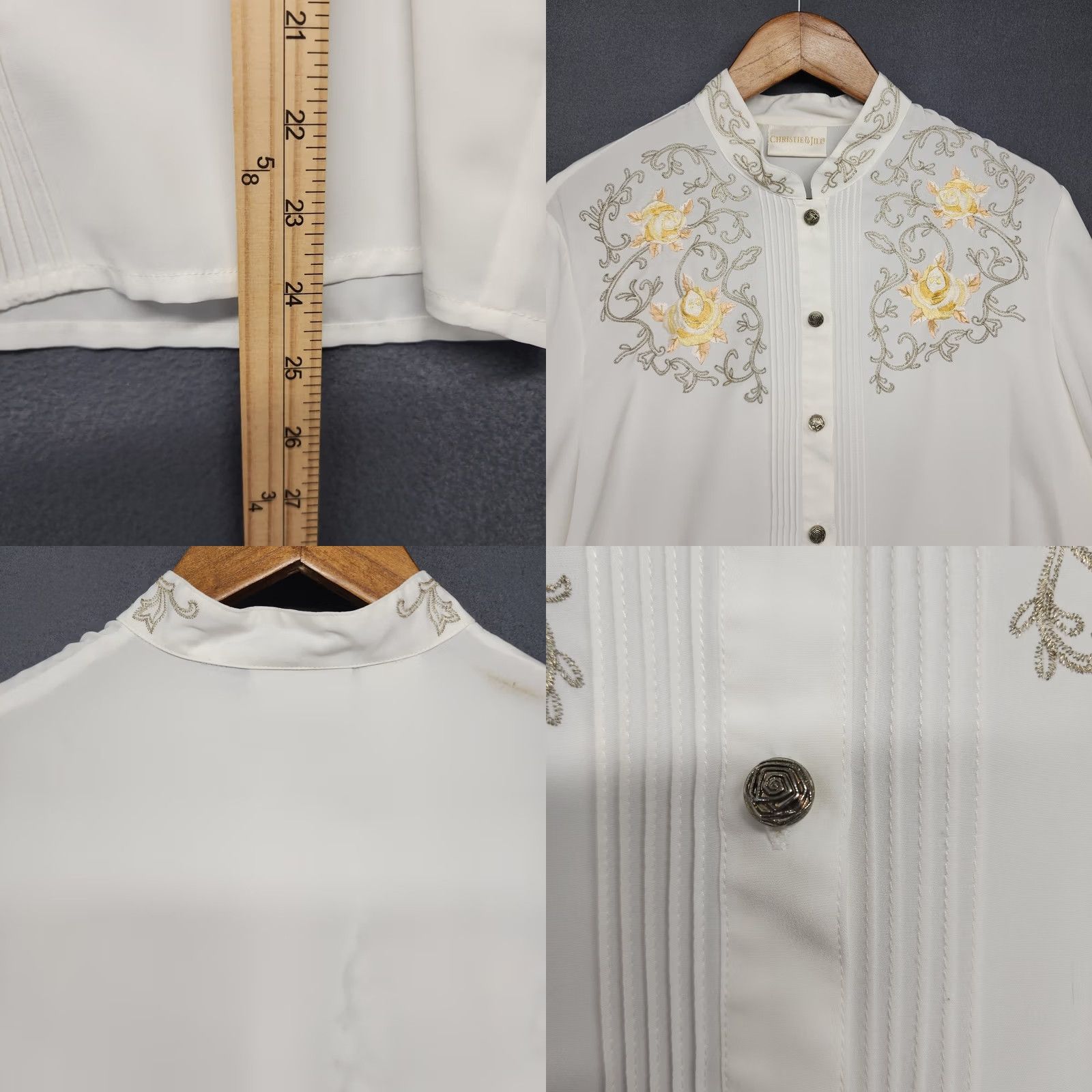 Vintage Christie & Jill Shirt Womens 14 White Embroidered Floral Button Up Rose Blouse Top Size XL / US 12-14 / IT 48-50 - 8 Thumbnail