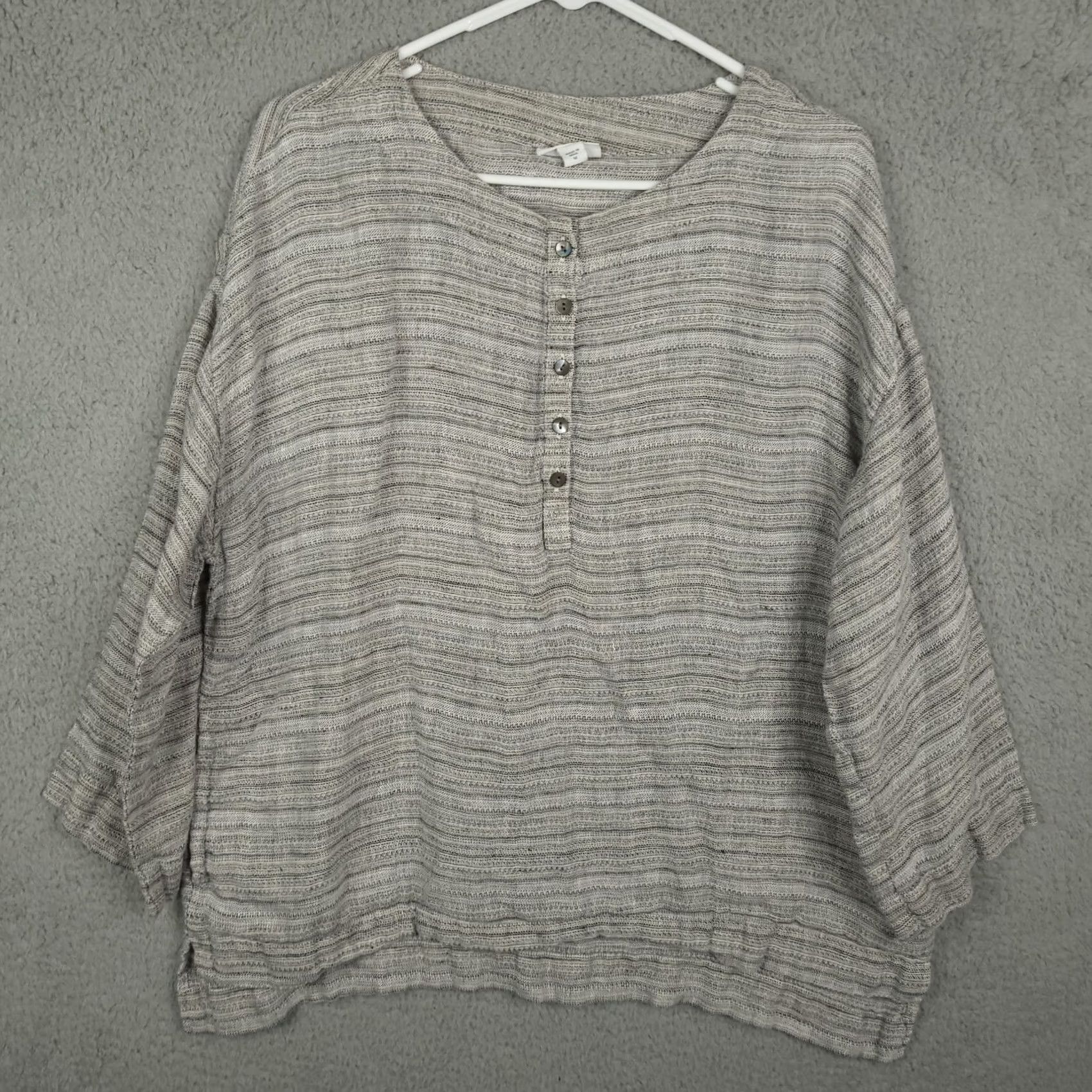 J. Jill J. Jill Blouse Shirt Linen Gray Solid V-Neck Long Sleeve 1/2 Button Up Size M Women Regular Casual All Seasons Size M / US 6-8 / IT 42-44 - 2 Thumbnail