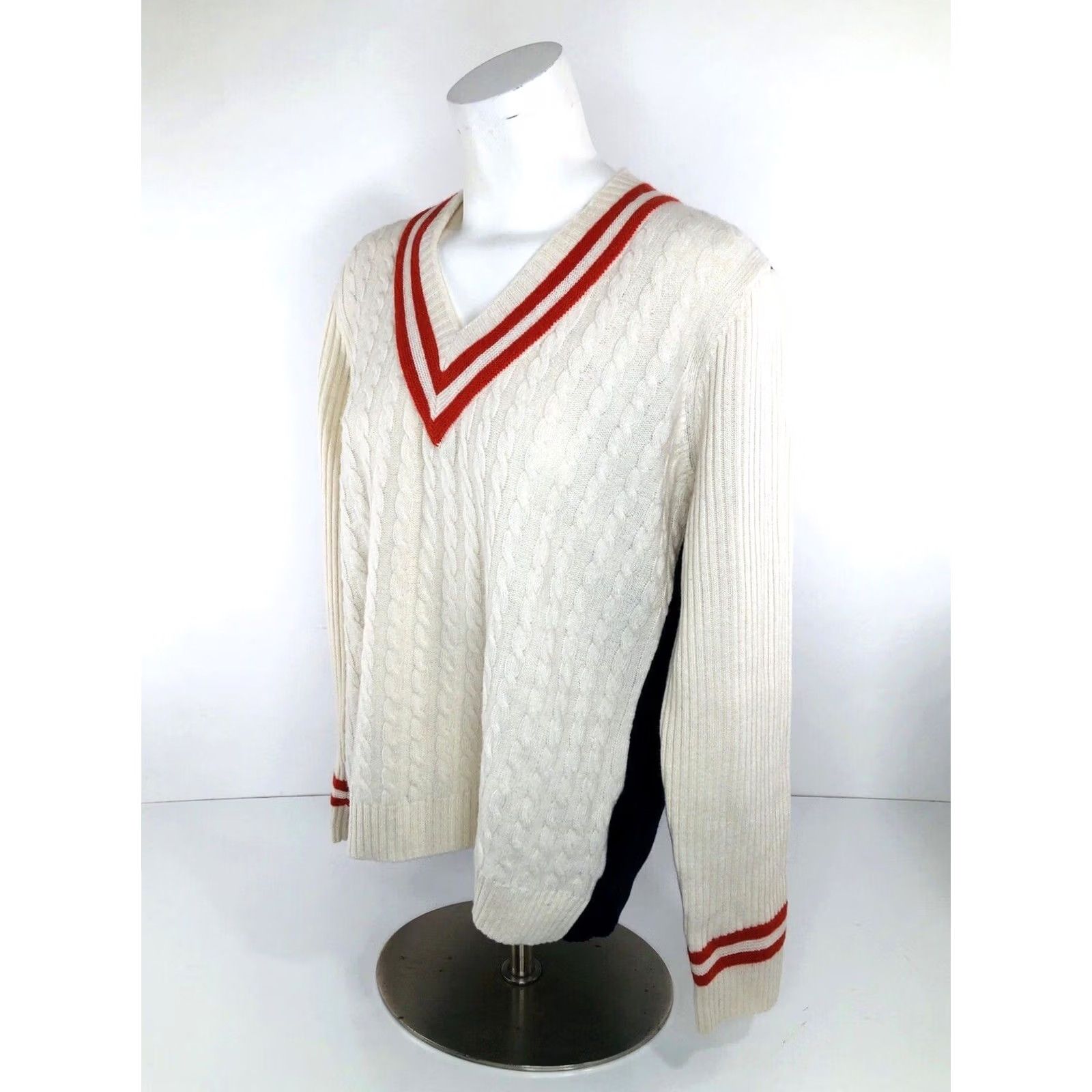 Brooks Brothers Brooks Brothers Red Fleece V-neck XL Cable-Knit Lambswool Sweater - Womens Pullover, Ivory / Blue / Red - XL, Excellent Size XL / US 12-14 / IT 48-50 - 2 Thumbnail