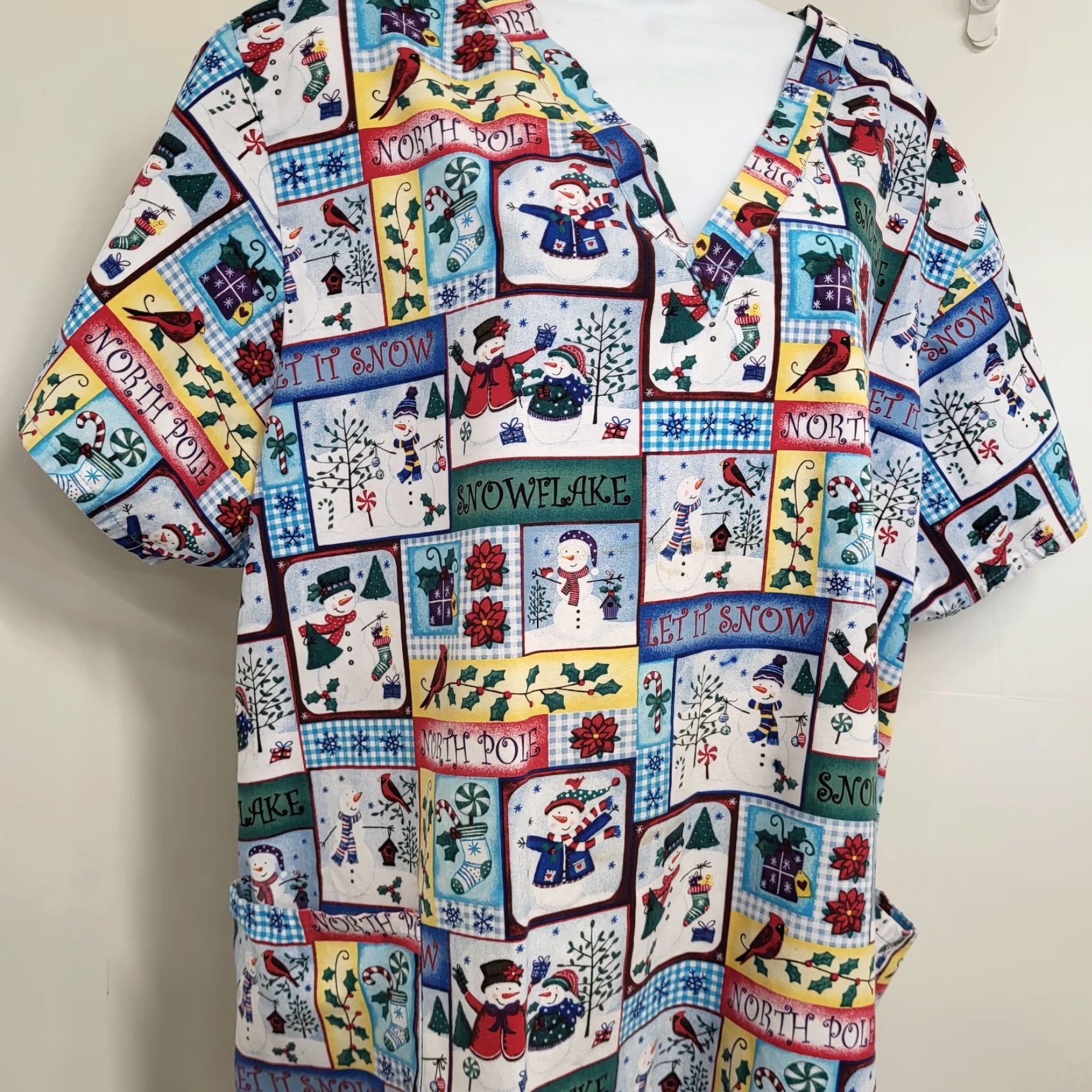 Poler Christmas Holiday Snowman Scrub Top Let it Snow North Pole Birds Women XL Scrub Wear Multi-Color Cotton Medical Size XL / US 12-14 / IT 48-50 - 3 Thumbnail