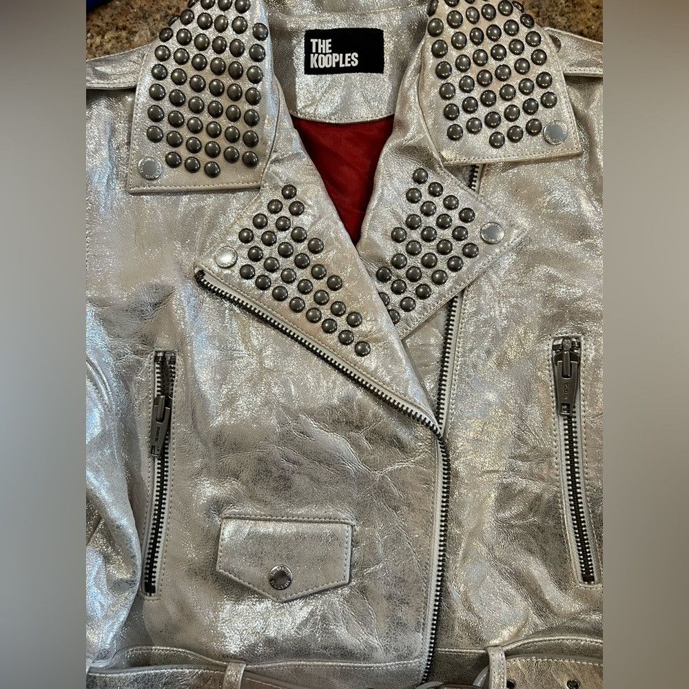 The Kooples The Kooples Silver Metallic Studded Cropped Leather Moto Size L / US 10 / IT 46 - 9 Thumbnail