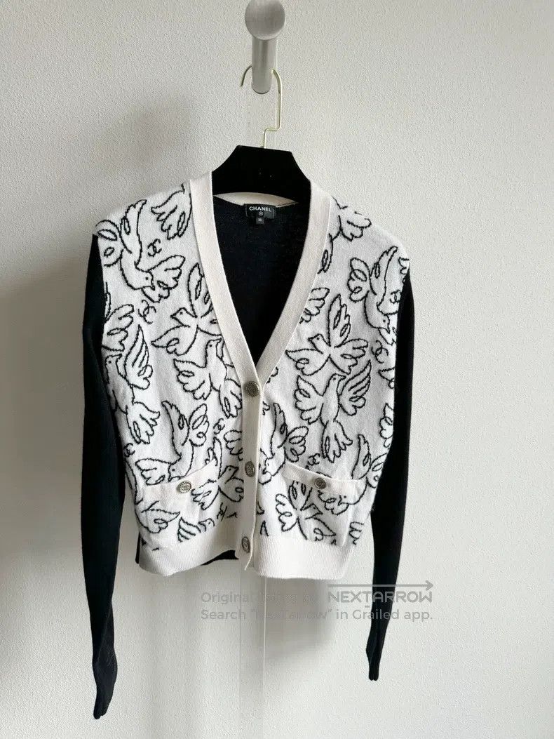 Chanel 22c Peace Pigeon Black and White Cashmere Cardigan