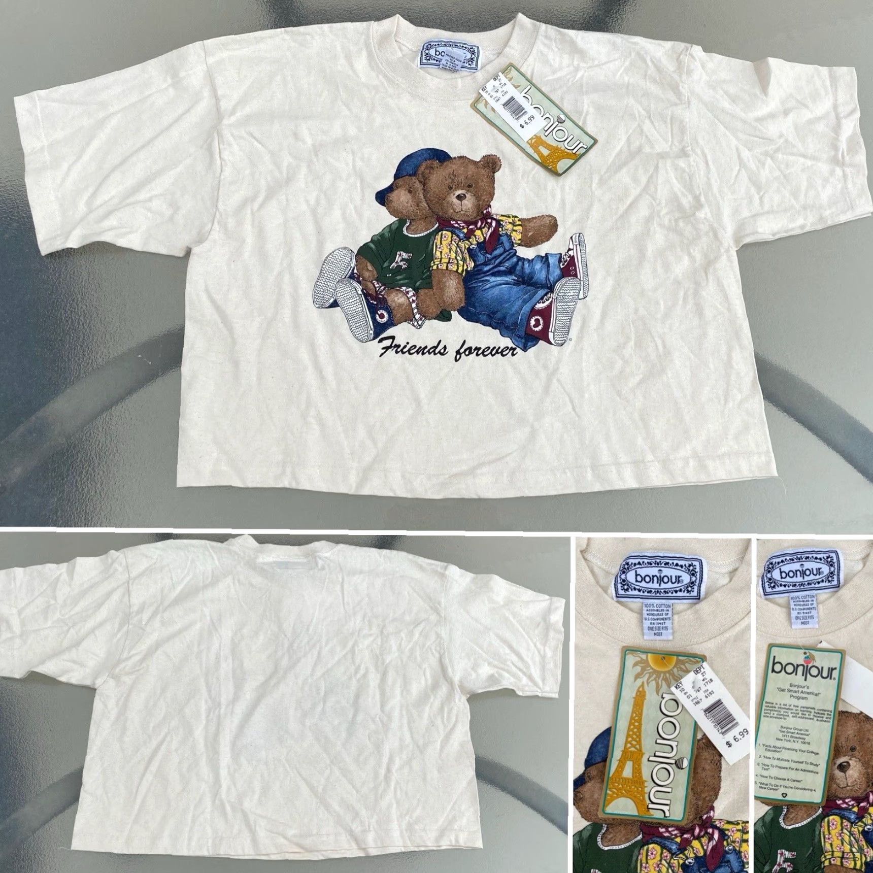Vintage VINTAGE Bonjour Teddy Bear Friends Forever One Size Crop Top T Shirt Half Shirt Shirt One Size Ivory Graphic 1990s Mens Womens Girls Boys Size ONE SIZE - 7 Thumbnail