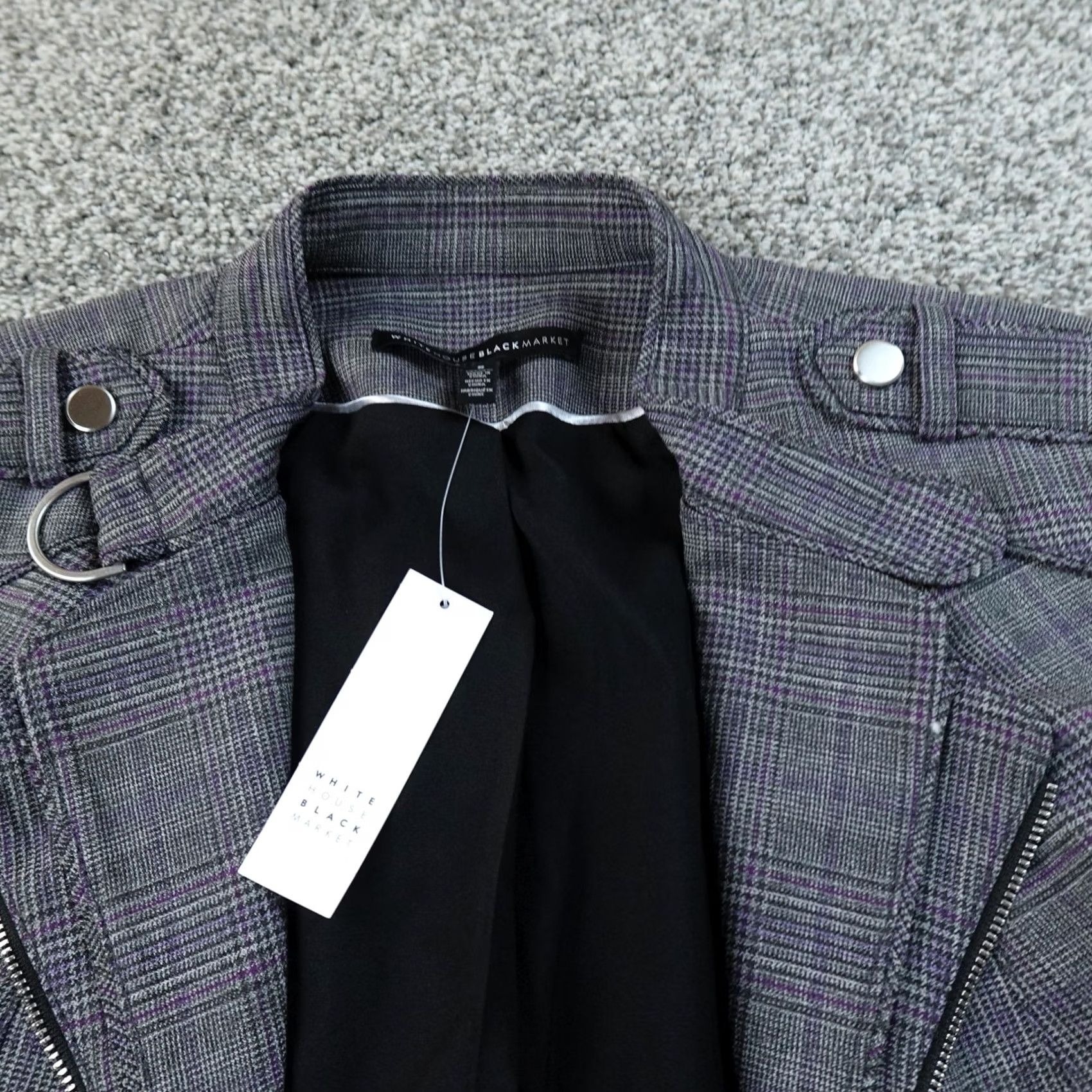 White House Black Market WHITE House Black Market Jacket Womens 8 Gray Plaid Moto Zip Blazer Coat Shirt? Size M / US 6-8 / IT 42-44 - 3 Thumbnail