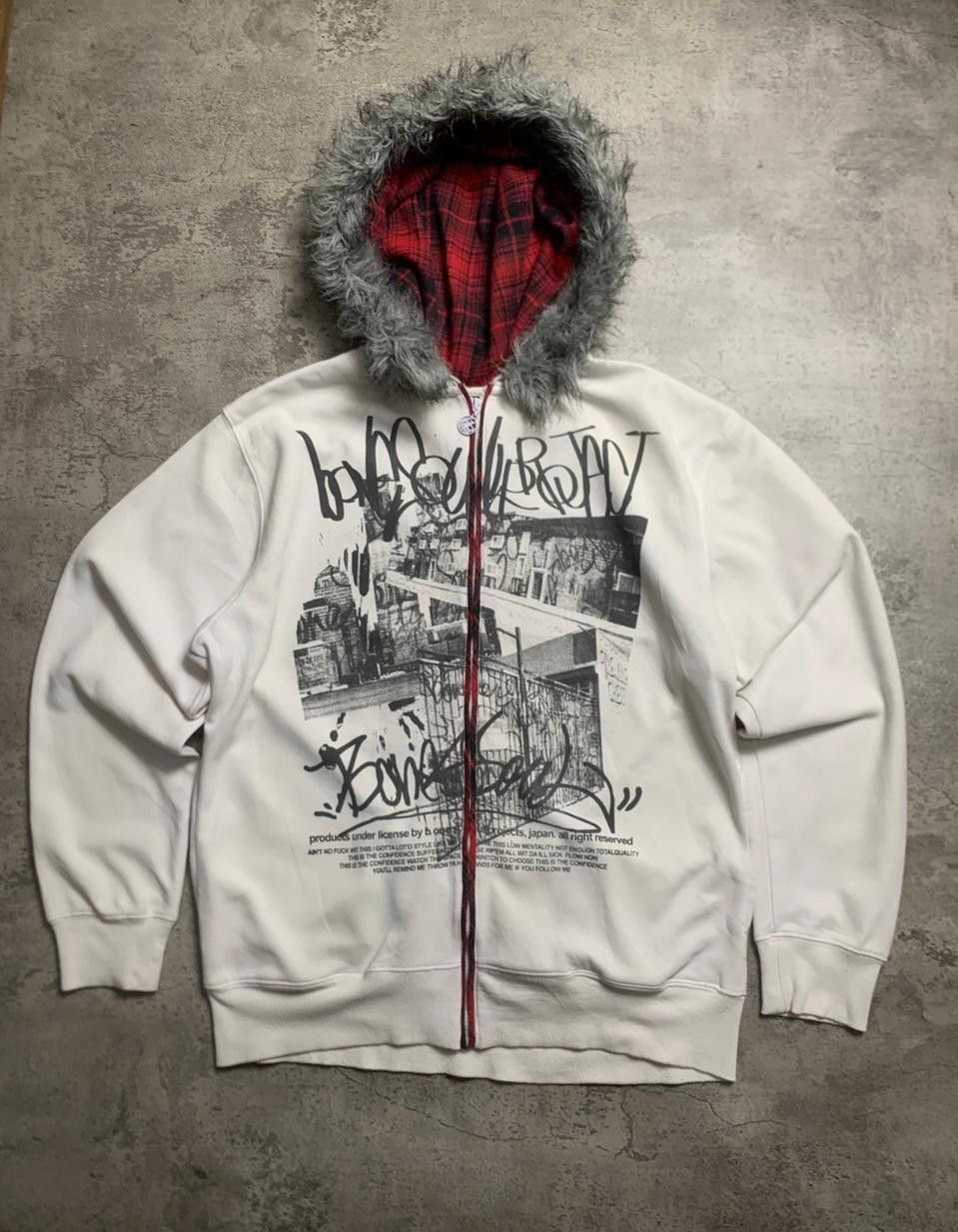 2000s B One Soul Poem Faux Fur Hoodie Punk Style