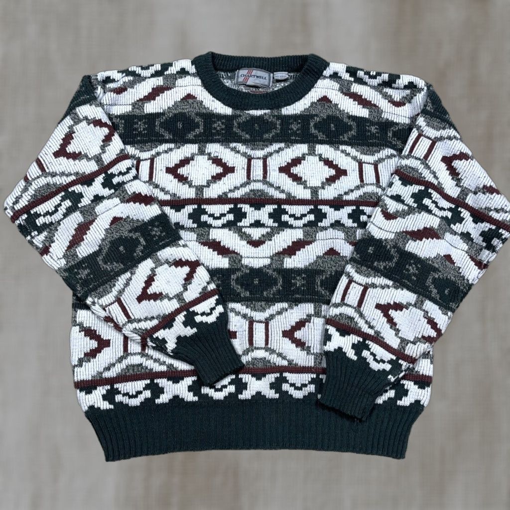 Vintage VINTAGE Grandpa Sweater Men Large Green White Geometric Knit Golf 90s Cosby N/A Size US L / EU 52-54 / 3 - 1 Thumbnail