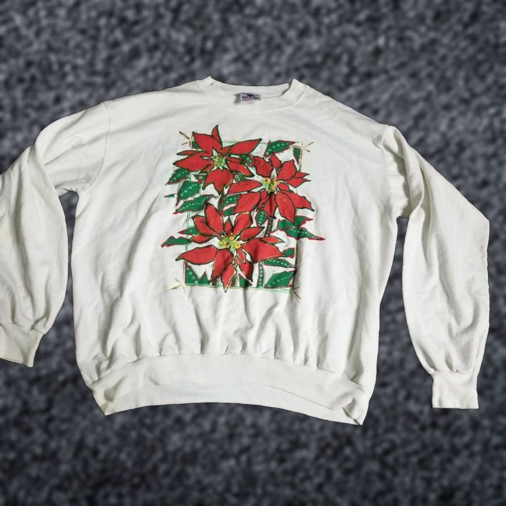 Vintage VINTAGE Tennessee River Poinsettia Christmas Sweatshirt Pullover Large White Distressed 90s Women's Size L / US 10 / IT 46 - 1 Thumbnail
