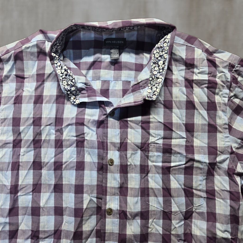 Van Heusen Van Heusen Shirt Mens XL Button-Up Long Sleeve Purple Check 17 17.5 Collared Wrinkle Resistant Pockets Modern Vintage No N/A Size US XL / EU 56 / 4 - 1 Thumbnail