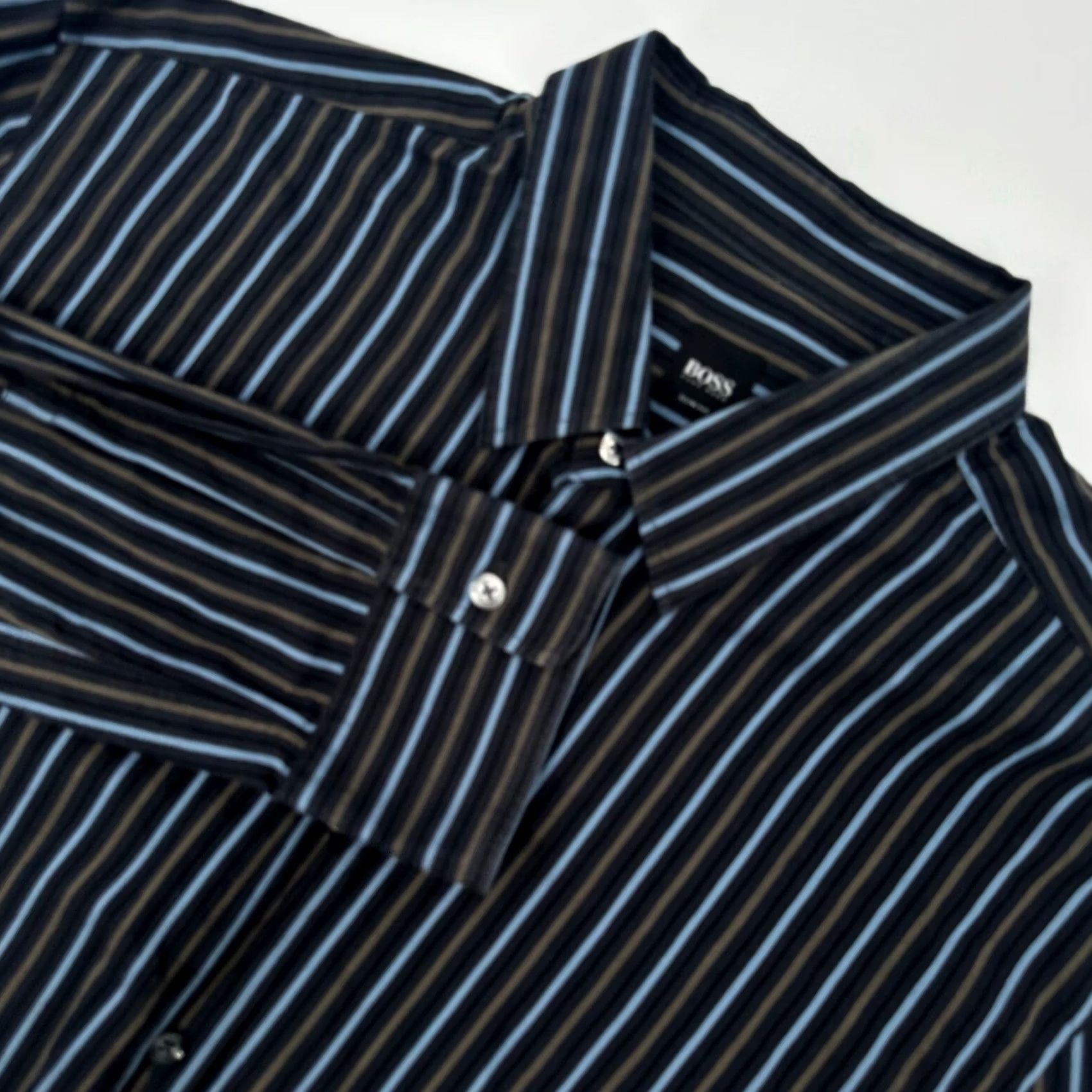 Hugo Boss HUGO BOSS Slim Fit Shirt Men XL Blue Brown Striped Button-Down Italy Long Sleeve Dress Shirt Size US XL / EU 56 / 4 - 2 Thumbnail