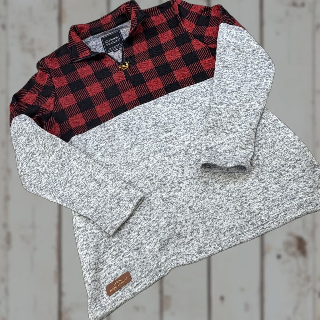 Vintage Simply Southern Sweater Womens Large Red Plaid Gray Quarter Zip Pullover Size L / US 10 / IT 46 - 1 Thumbnail