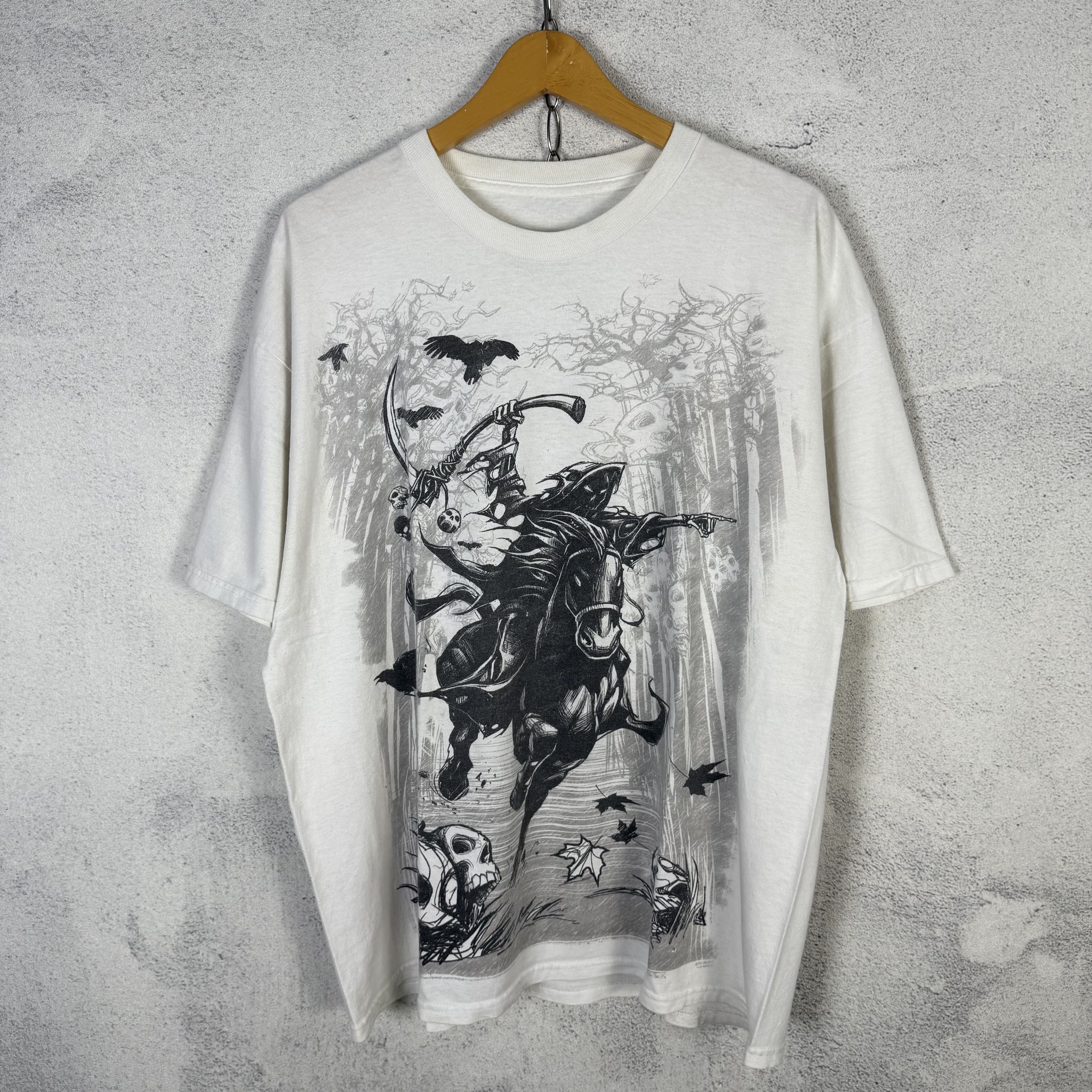 Vintage Dark Fantasy Grim Reaper Graphic Tshirt Skull & Crow Art Size US L / EU 52-54 / 3 - 1 Thumbnail