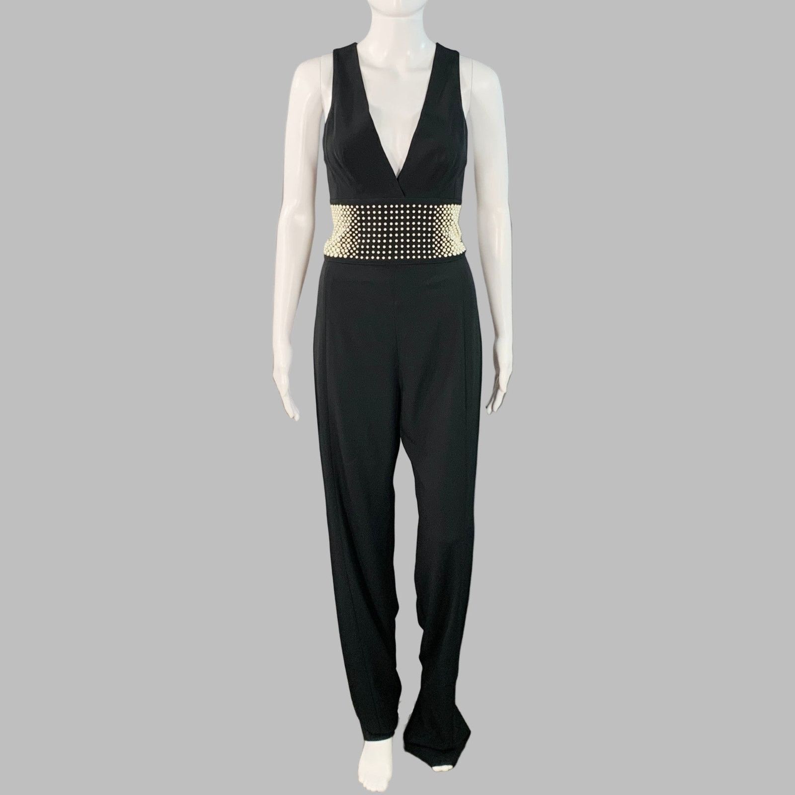 La Perla Black White Viscose Blend Faux Pearl Embellishment V-Neck Size 27" / US 4 / IT 40 - 1 Thumbnail