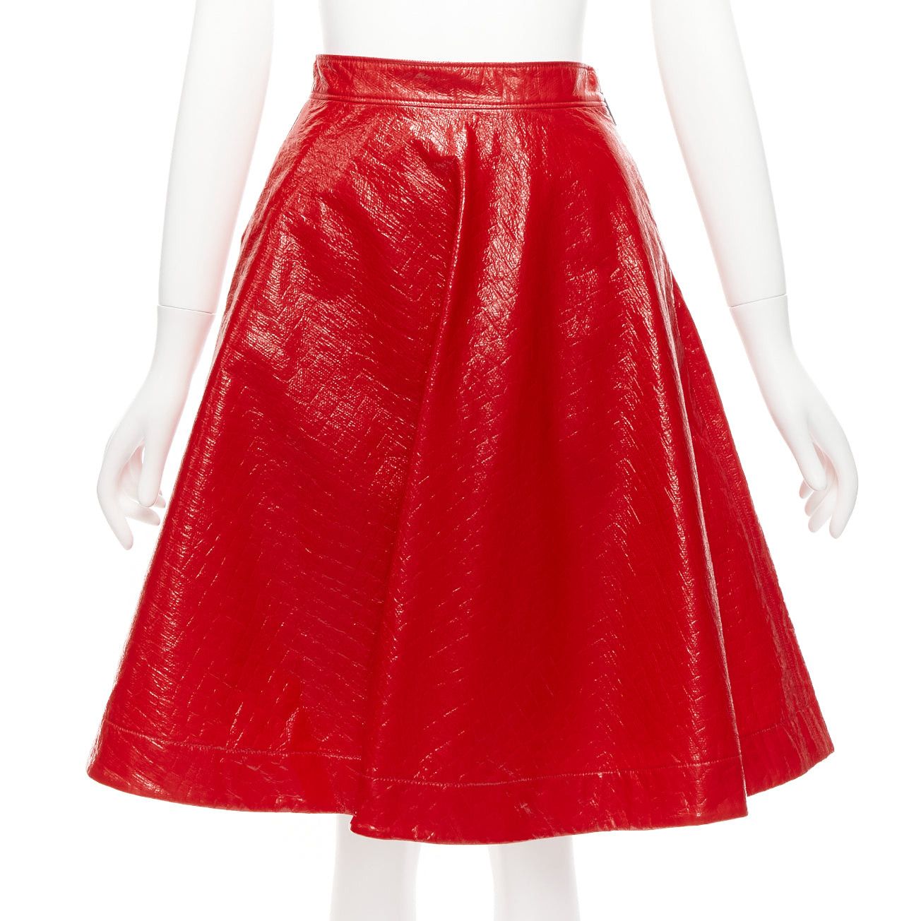 image of Msgm Red Faux Patent High Shine Crinkled A-Line Flared Skirt It38 Xs, Women's (Size 26)