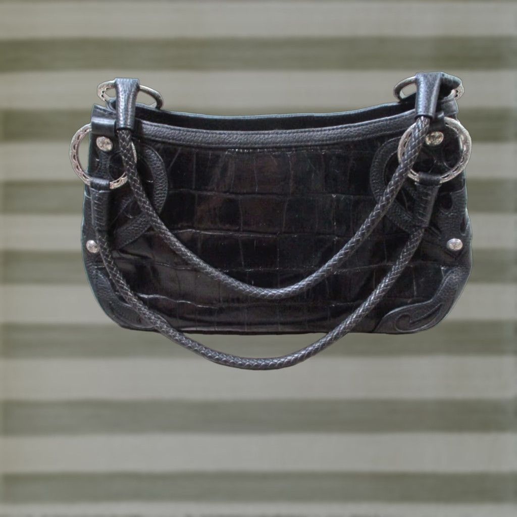 Brighton Leather Shoulder Bag Womens Black Medium Croc Satchel Handbag Silver Hardware Womens