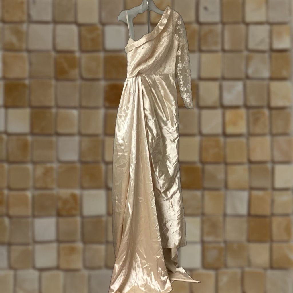 Hebeos Wedding Dress Satin Champagne Lace One Sleeve Women's XS