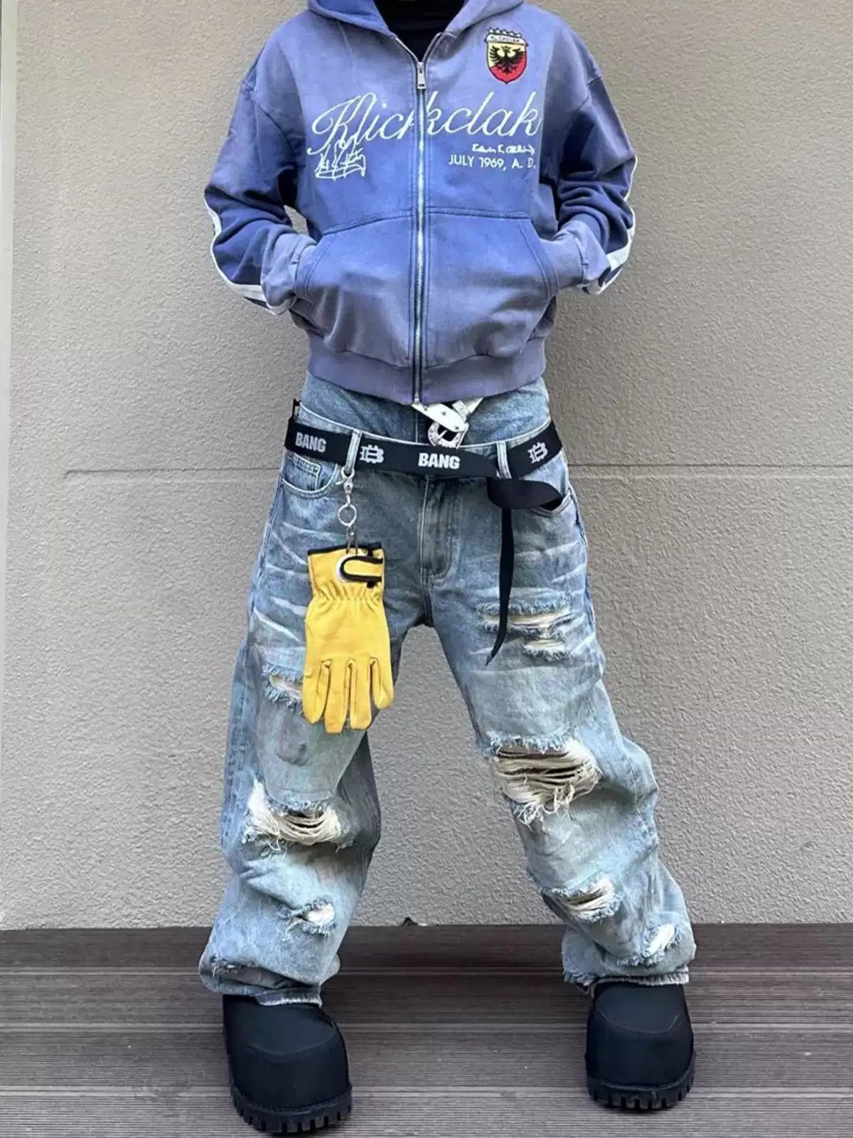 Jean Double-Waistband Ripped Floor-Length Wide-Leg Denim Jeans Size US 30 / EU 46 - 3 Thumbnail