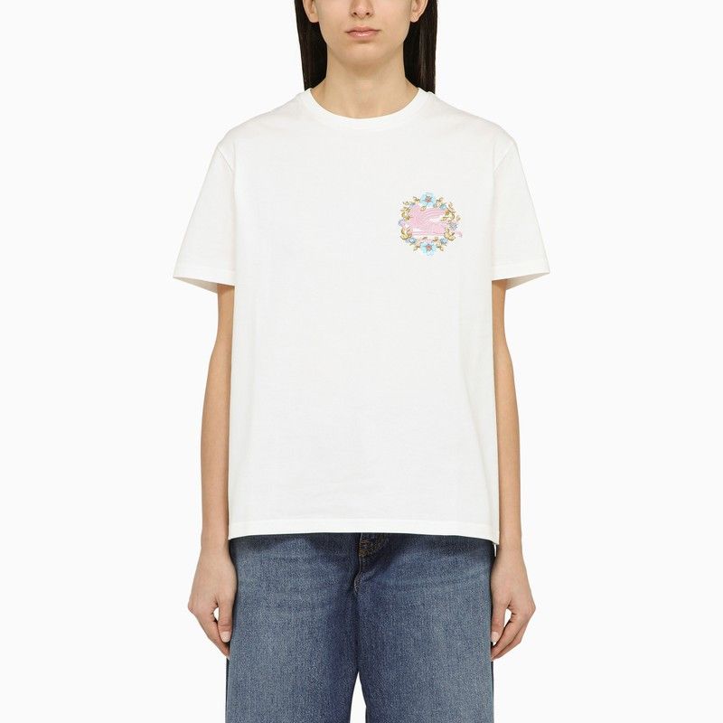 image of Etro White Crew-Neck T-Shirt With Logo In Cotton, Women's (Size Small)