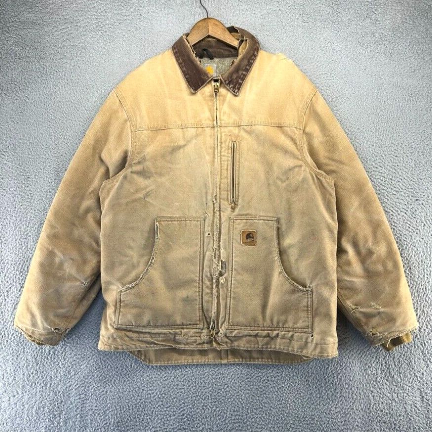 image of Vintage Carhartt Jacket Men's XL Brown Thrashed Distressed Zip Workwear Faded in White