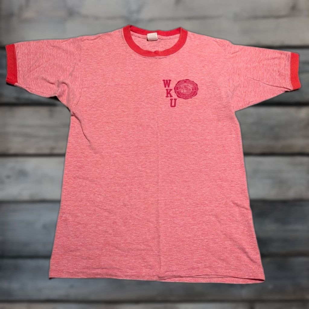 Vtg 70s Champion WKU Western Kentucky University USA Made Ringer Tee S/M Pink