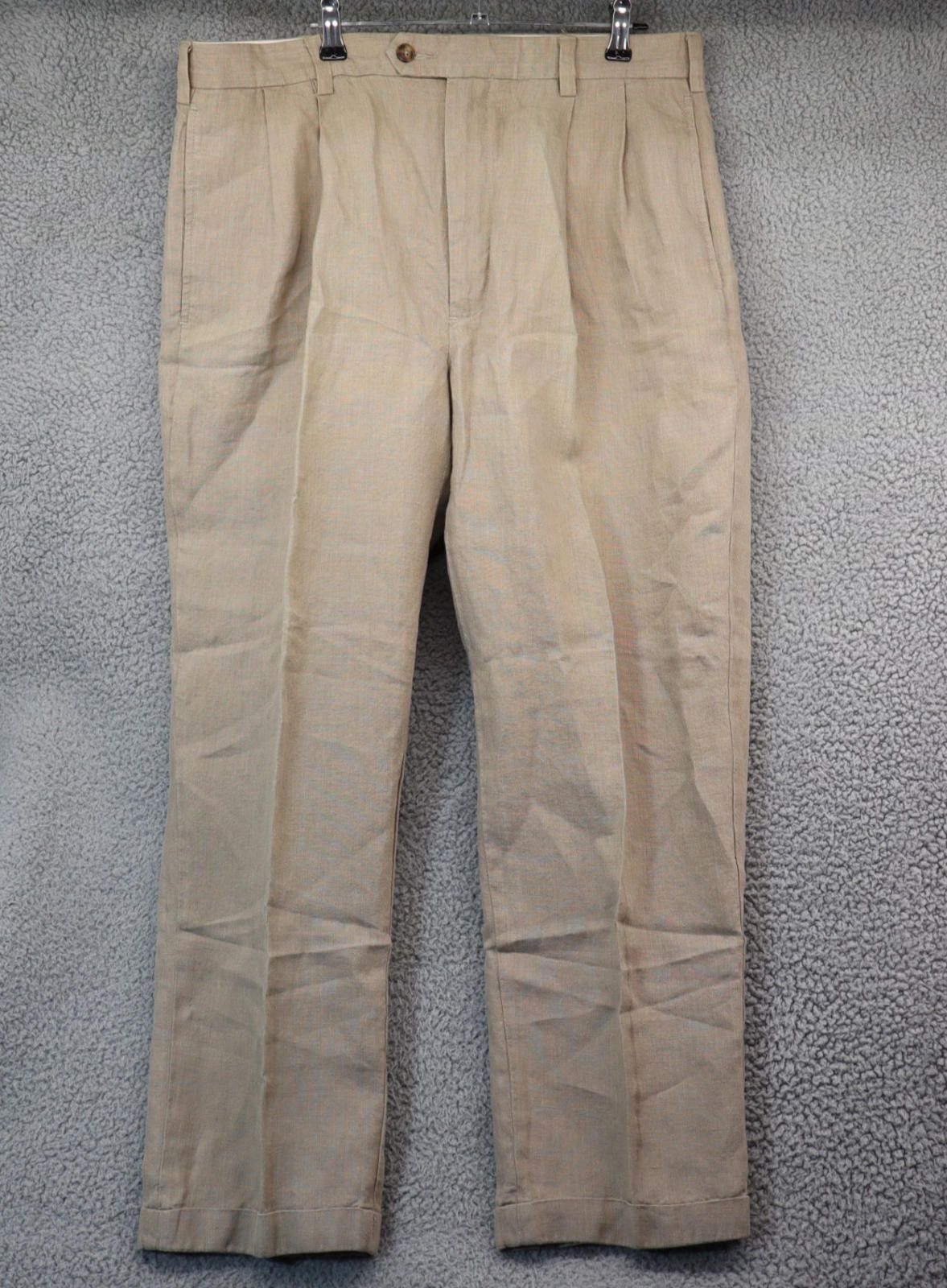 Linen Dress Pants Men 36 Reg Beige Pleated Slacks Jos A Bank