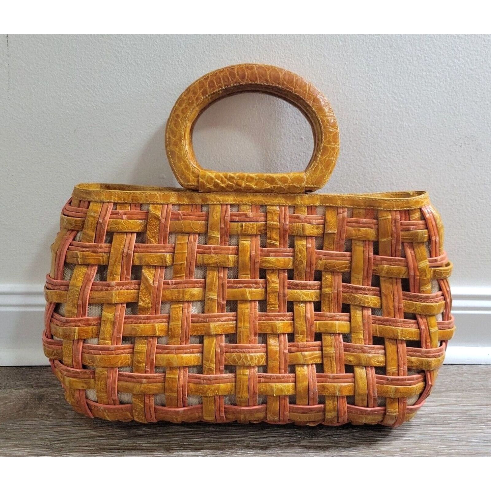 image of Vintage Nancy Gonzalez Crocodile Hand Bag Tote Designer Leather Purse Lattice Brown in White, Women