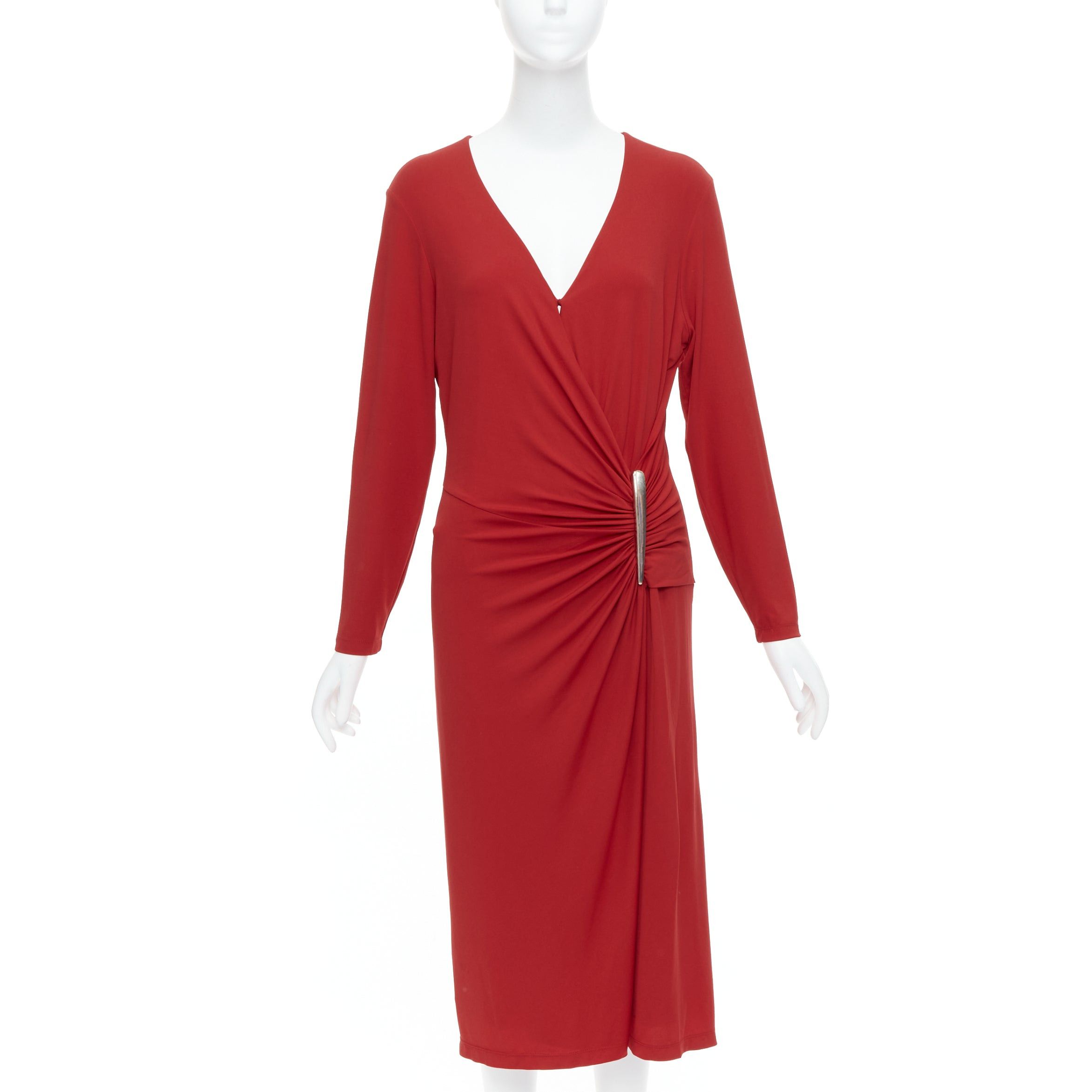 Donna Karan DONNA KARAN Vintage red viscose blend V neck silver buckle drape midi dress L Size M / US 6-8 / IT 42-44 - 1 Thumbnail
