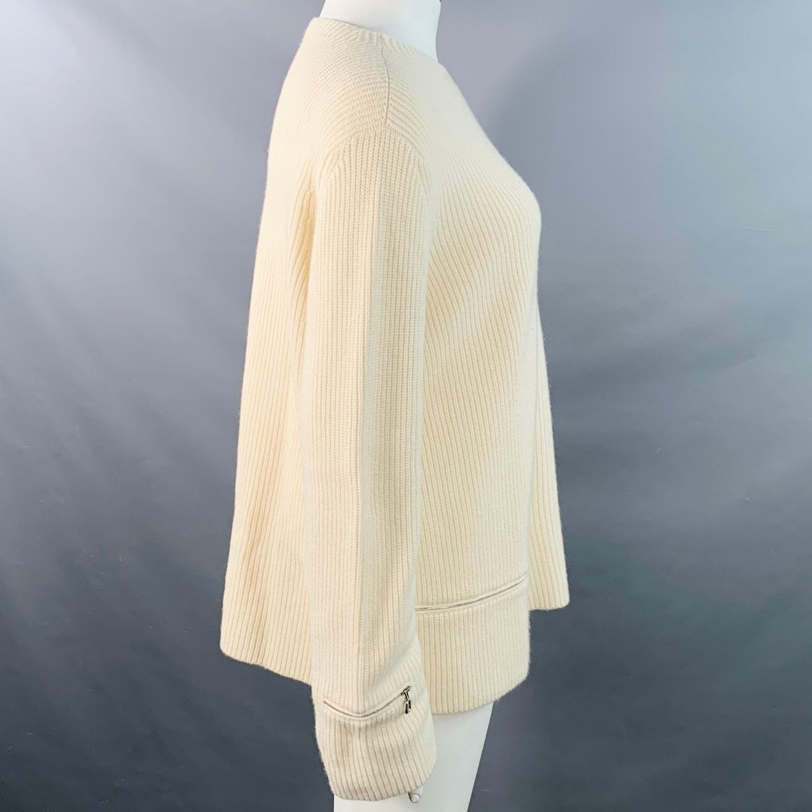 Akris 14 Off White Cashmere Rib Knit Zippers Crew Neck Sweater Size XL / US 12-14 / IT 48-50 - 2 Thumbnail