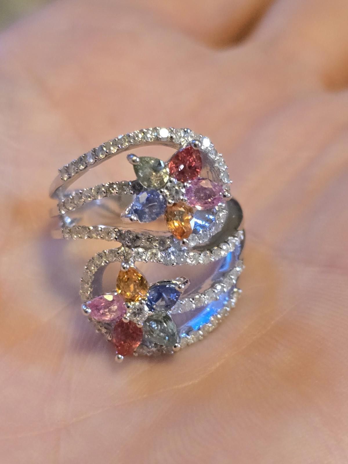 The Unbranded Brand 18k White Gold Floral Ring Rainbow Sapphire Diamond 1.8 ctw Size ONE SIZE - 8 Thumbnail