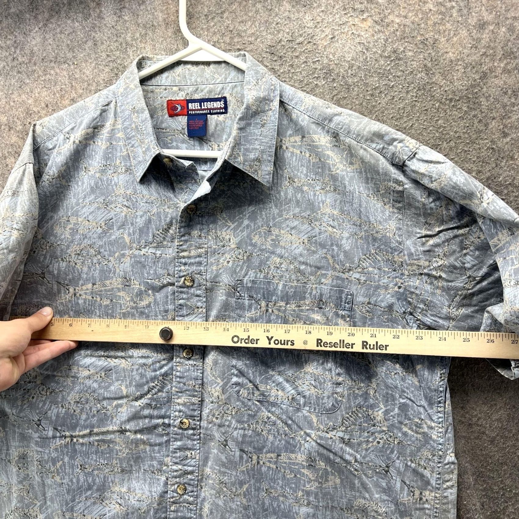 Vintage Reel Legends Shirt Mens Large Blue Gray Fish Print Short Sleeve Button Front Size US L / EU 52-54 / 3 - 7 Thumbnail