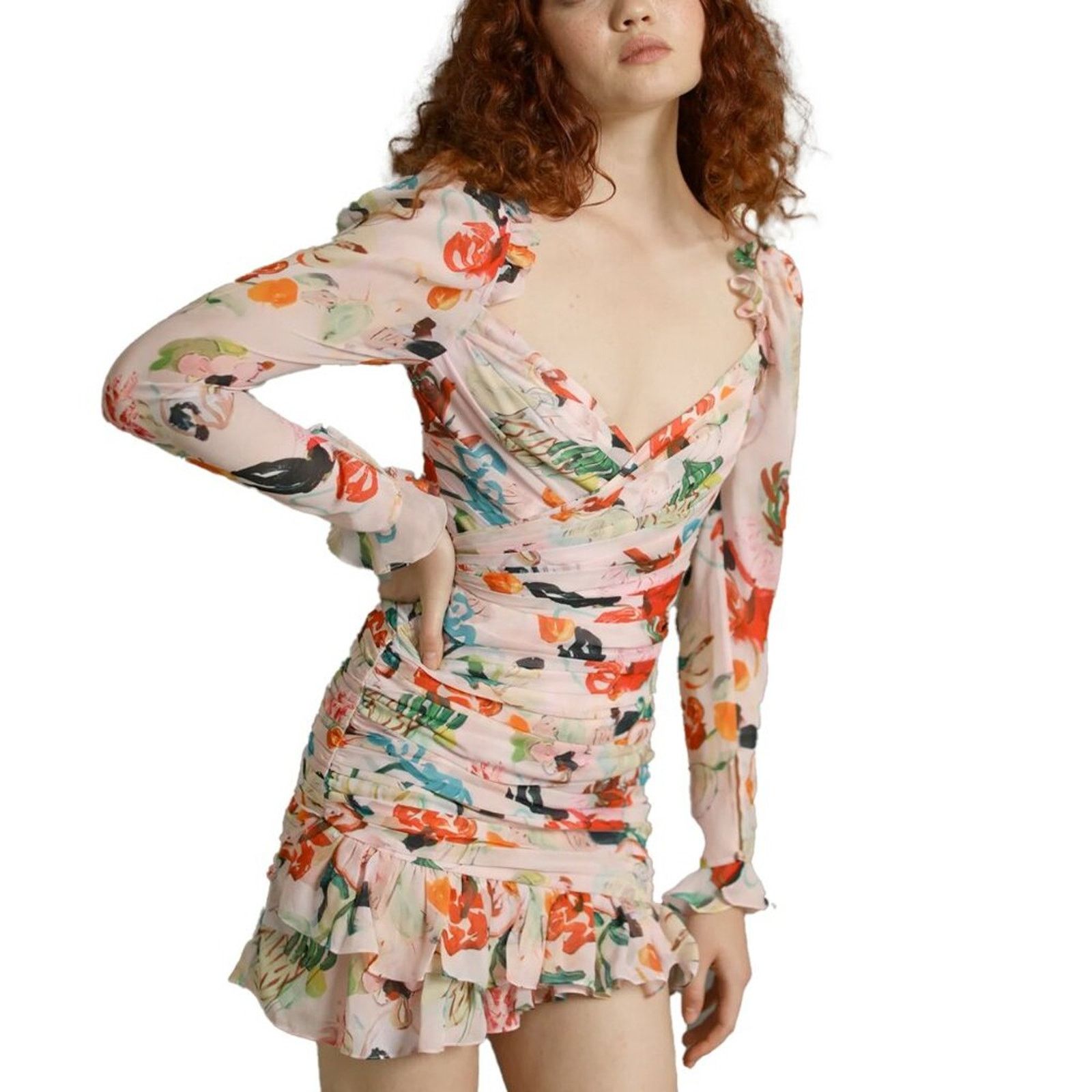 Image of Anthropologie NWT Sau Lee Christy Floral Ruched Ruffle Mini Dress Pink 2, Women's (Size XS)