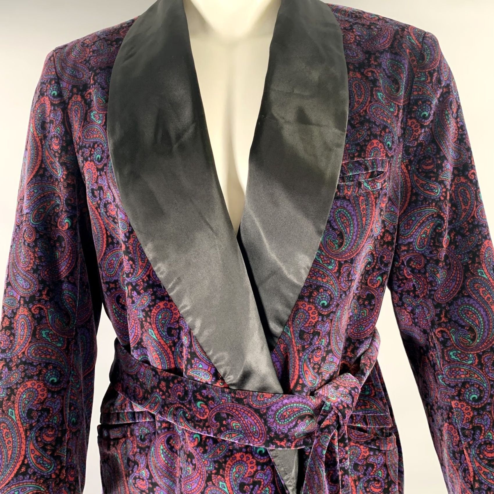 Velvet BULLOCK&JONES Shawl Collar Jacket M Black Purple Paisley Cotton Velvet Mens Size US M / EU 48-50 / 2 - 2 Thumbnail