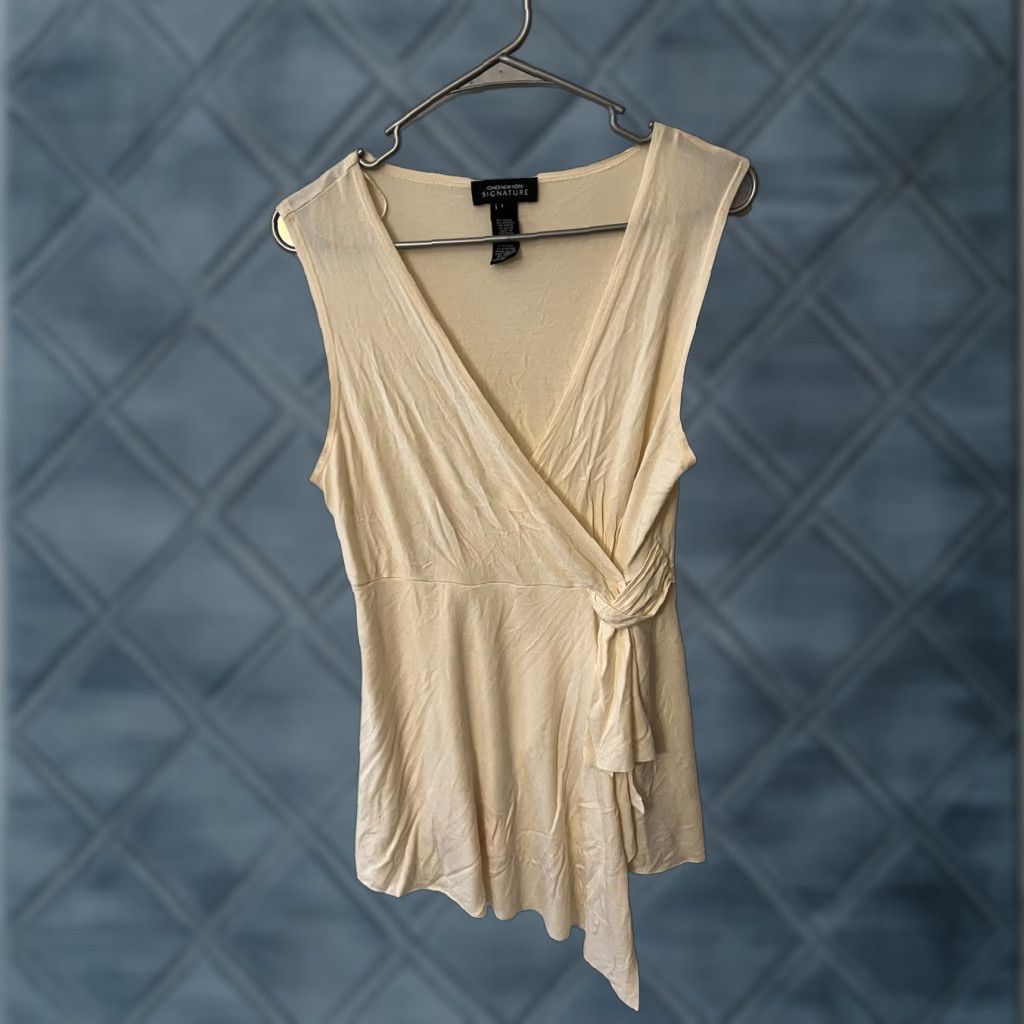 Jones New York Womens Top-JONES NEW YORK-cream stretch knit v-neck gathered faux wrap slvlss L Size L / US 10 / IT 46 - 1 Thumbnail