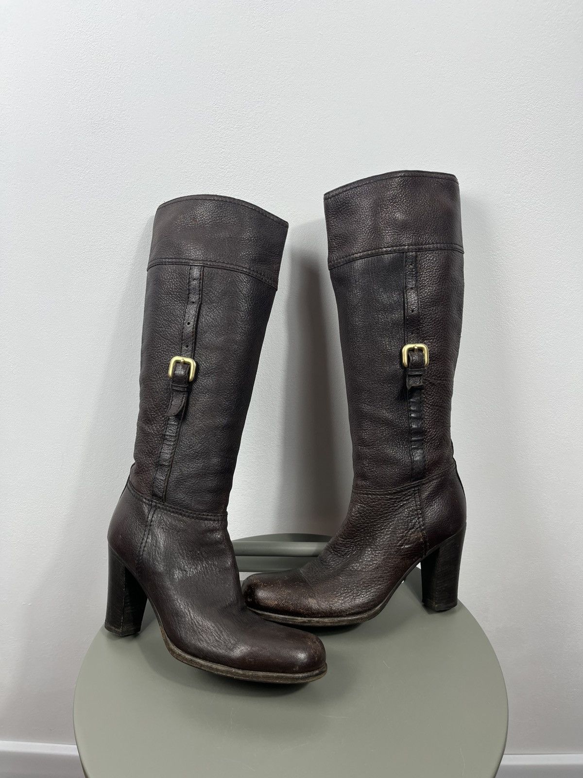 Prada Prada Brown Leather Knee High Boots Block Heel Vintage EU 36 Size US 5 / IT 35 - 1 Thumbnail